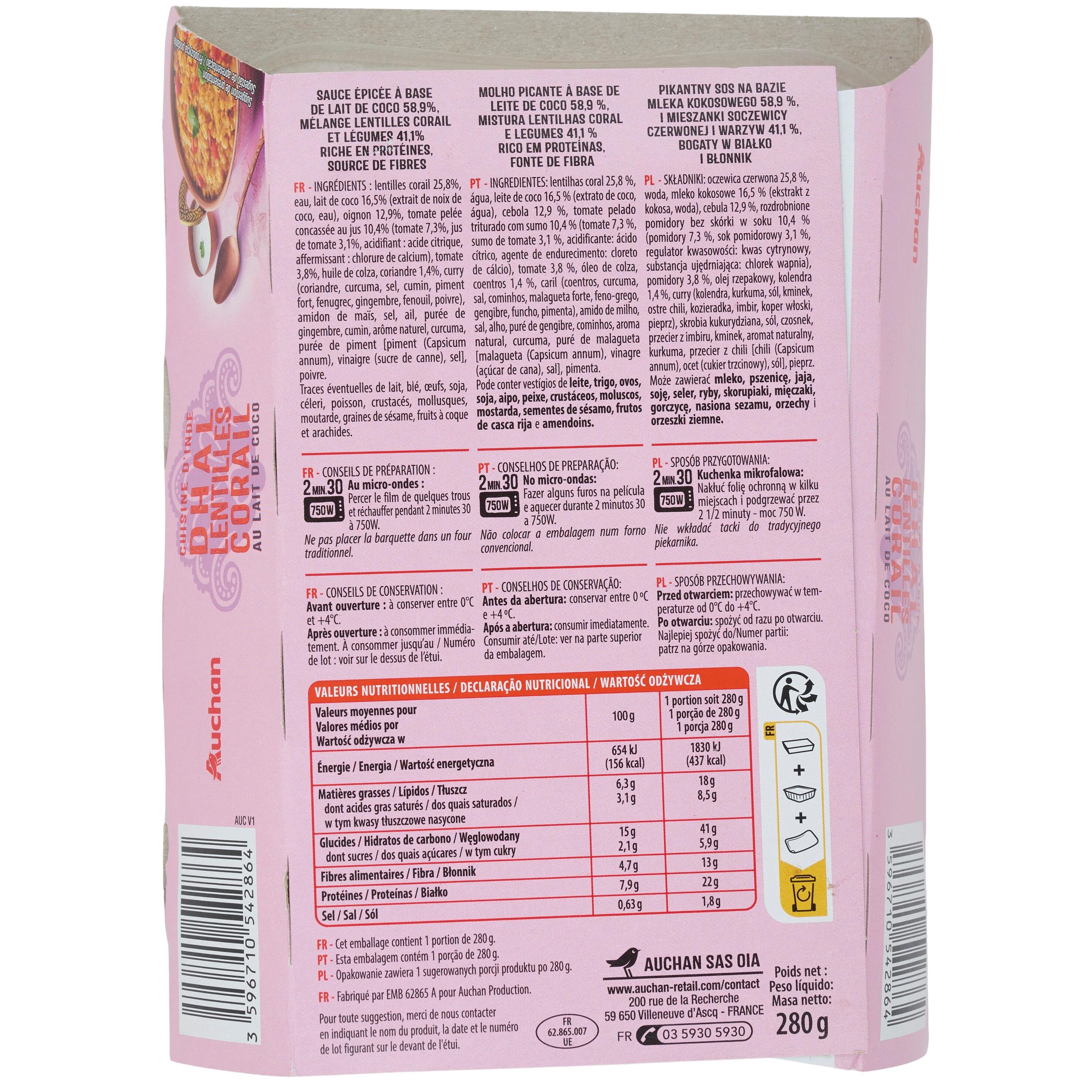 Voir la diapositive 2 : AUCHAN Dahl lentilles corail au lait de coco 1 part 280g
