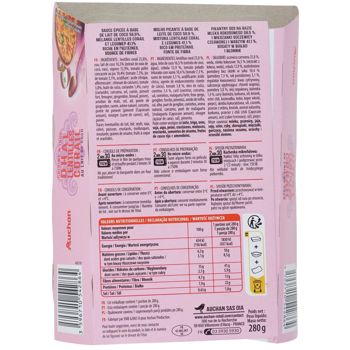 AUCHAN Dahl lentilles corail au lait de coco 280g