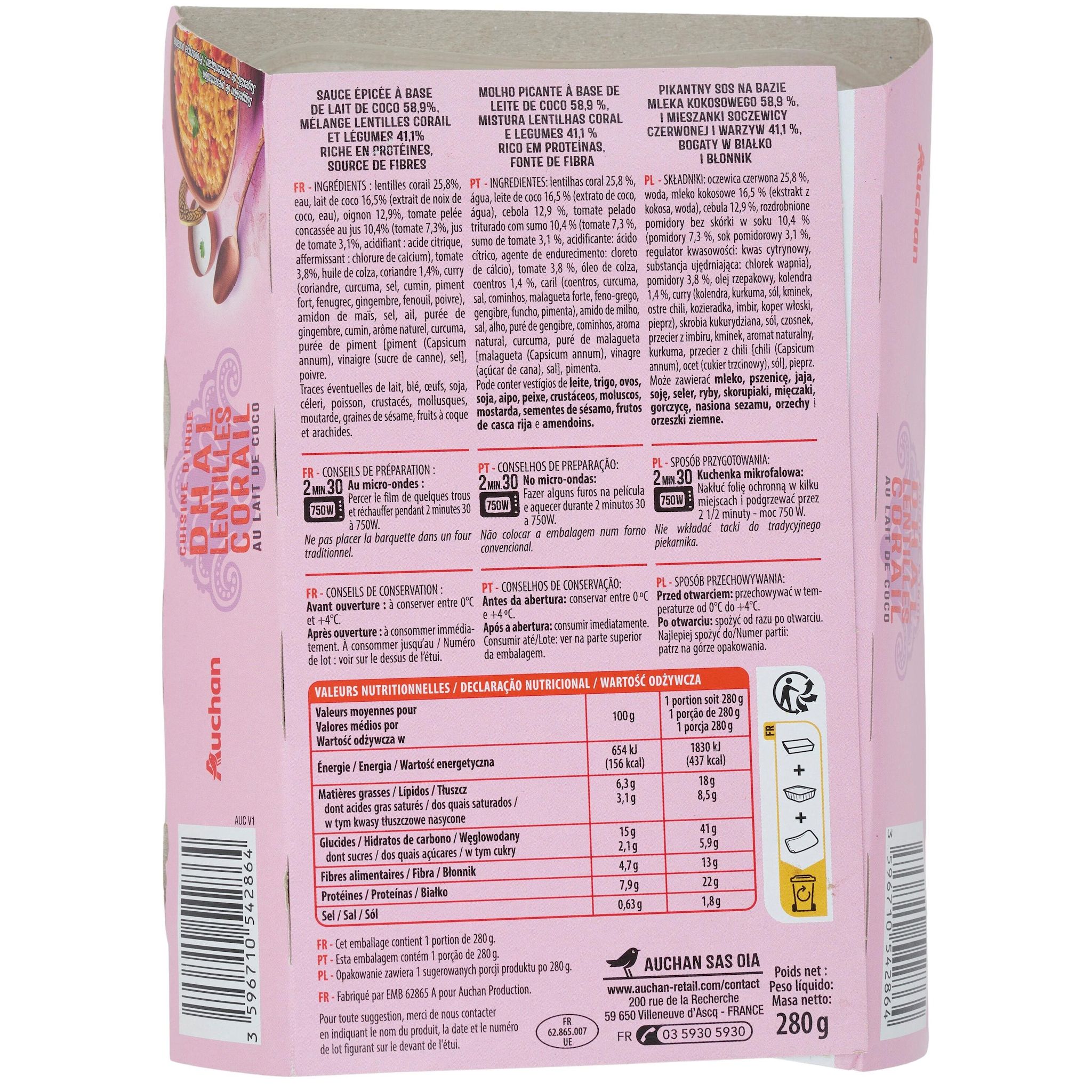 Voir la diapositive 2 : AUCHAN Dahl lentilles corail au lait de coco 280g