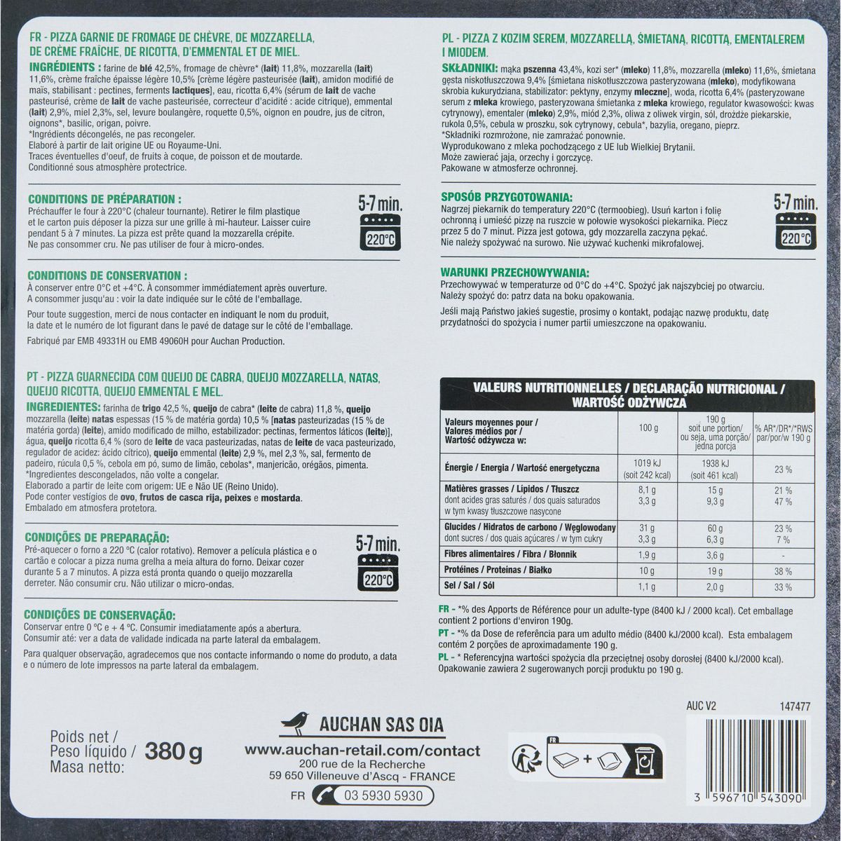 AUCHAN Pizza chèvre miel mozzarella et ricotta 380g