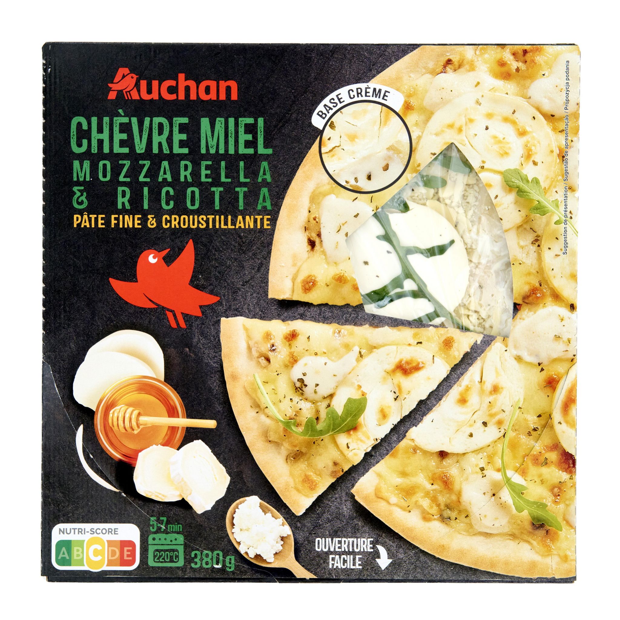 Voir la diapositive 3 : AUCHAN Pizza chèvre miel mozzarella et ricotta 380g