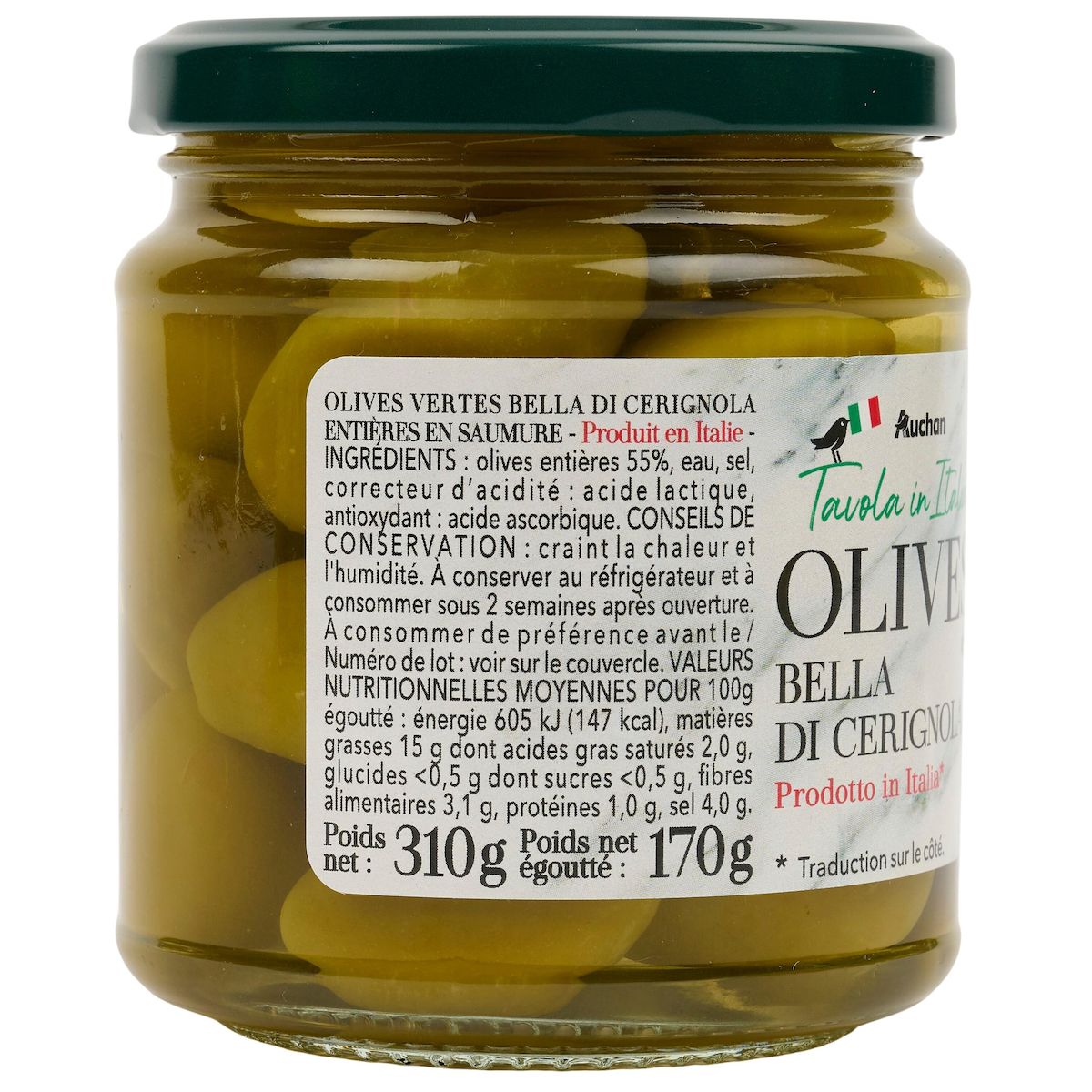 AUCHAN TAVOLA IN ITALIA Olives vertes bella di cerignola 170g