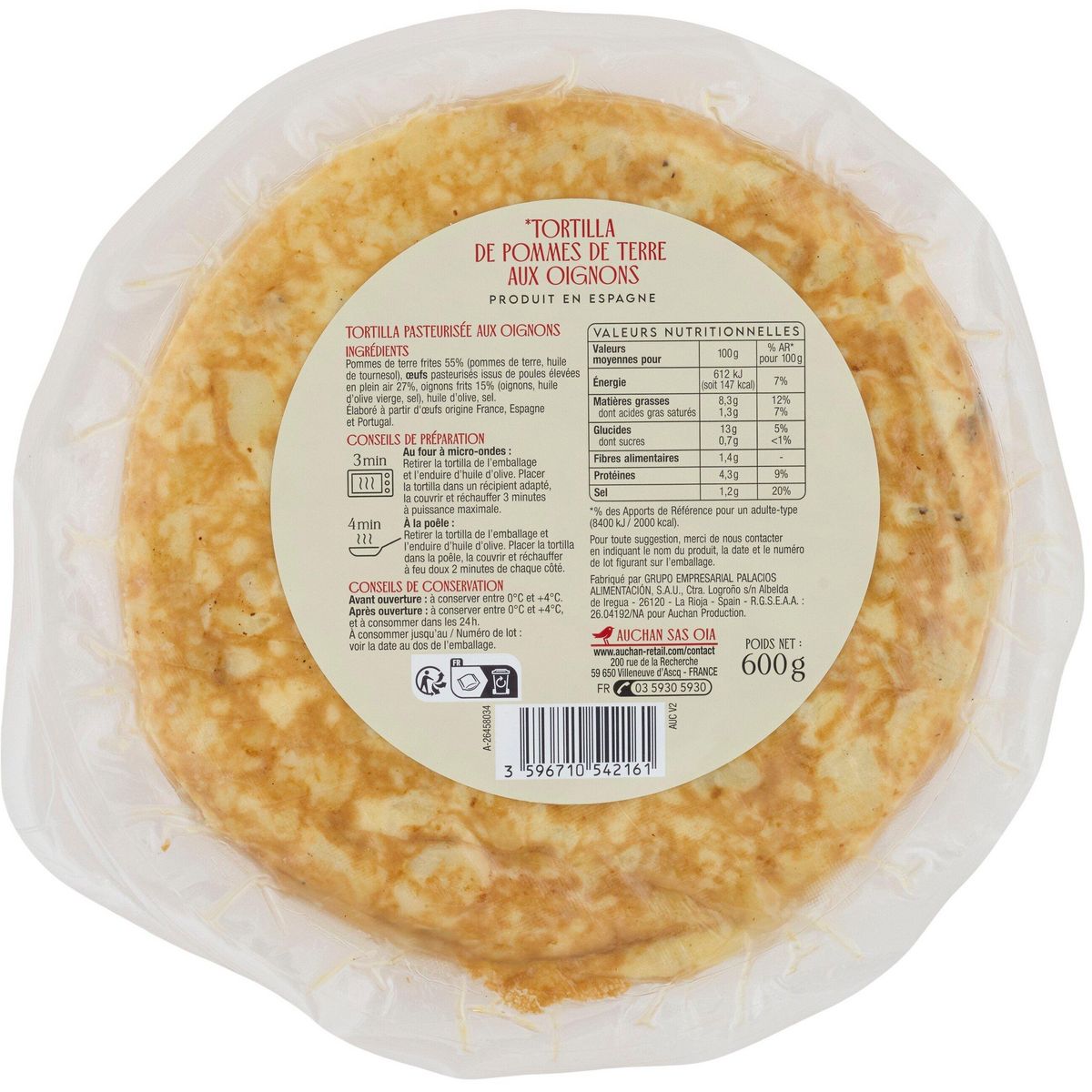 AUCHAN Tortilla aux oignons 600 g