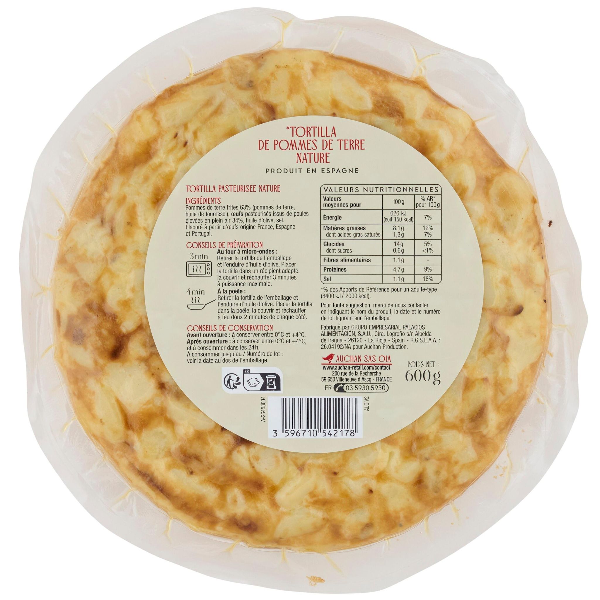 Voir la diapositive 2 : AUCHAN LA COCINA EN ESPANA Tortilla de pommes de terre nature 600g