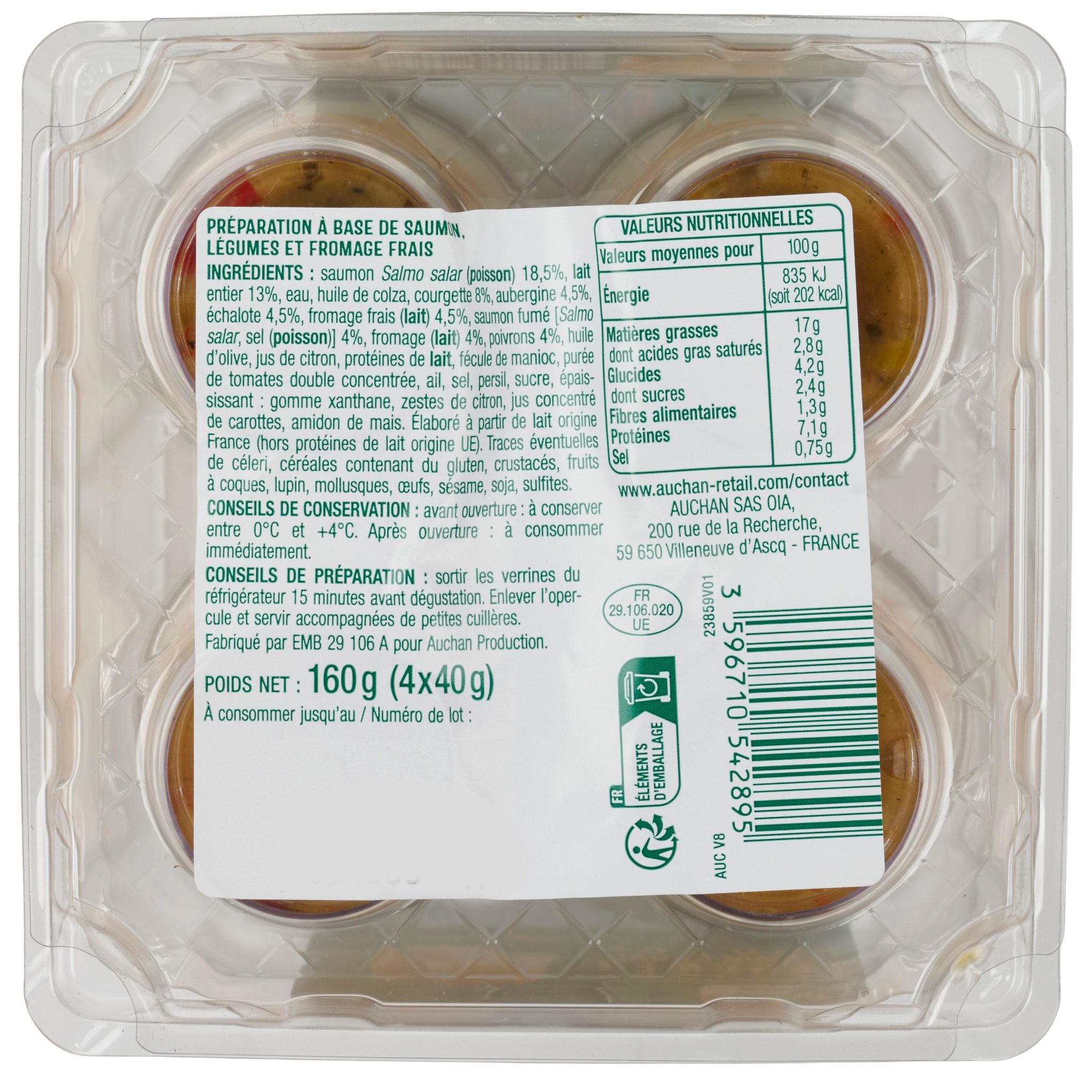 Voir la diapositive 2 : AUCHAN Verrines au saumon et fromage frais 4 pièces 160g