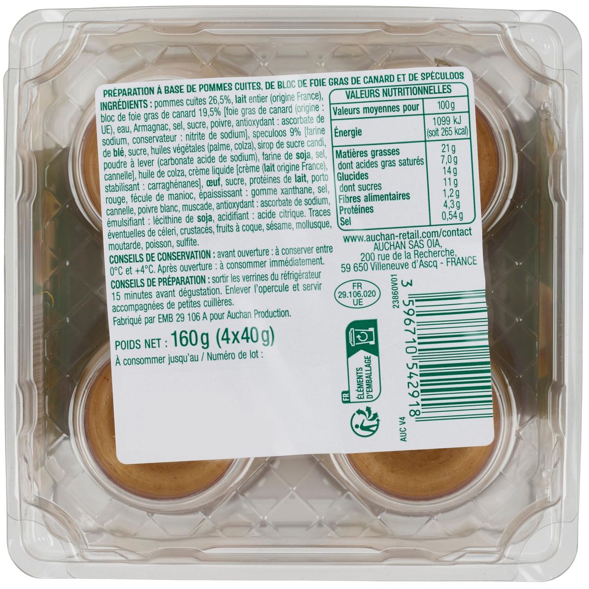 AUCHAN Verrines de foie gras pomme spéculoos 4 pièces 160g