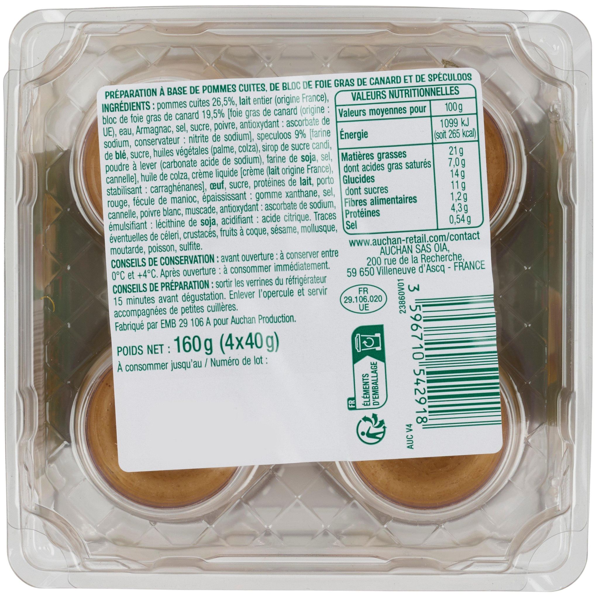 Voir la diapositive 3 : AUCHAN Verrines de foie gras pomme spéculoos 4 pièces 160g