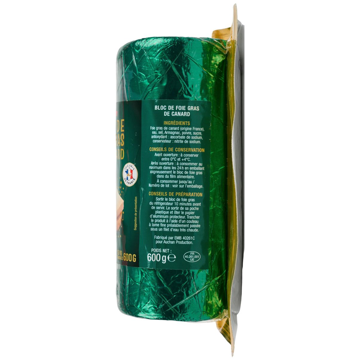 AUCHAN Bloc de foie gras de canard 15/16 parts 600g