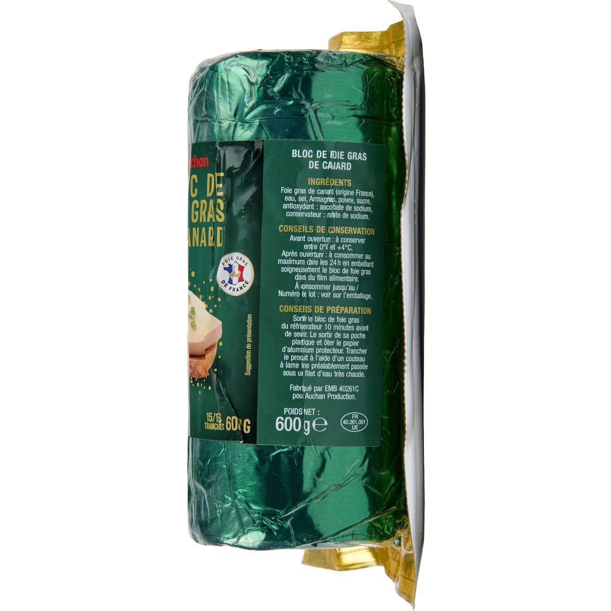 AUCHAN Bloc de foie gras de canard 15/16 parts 600g