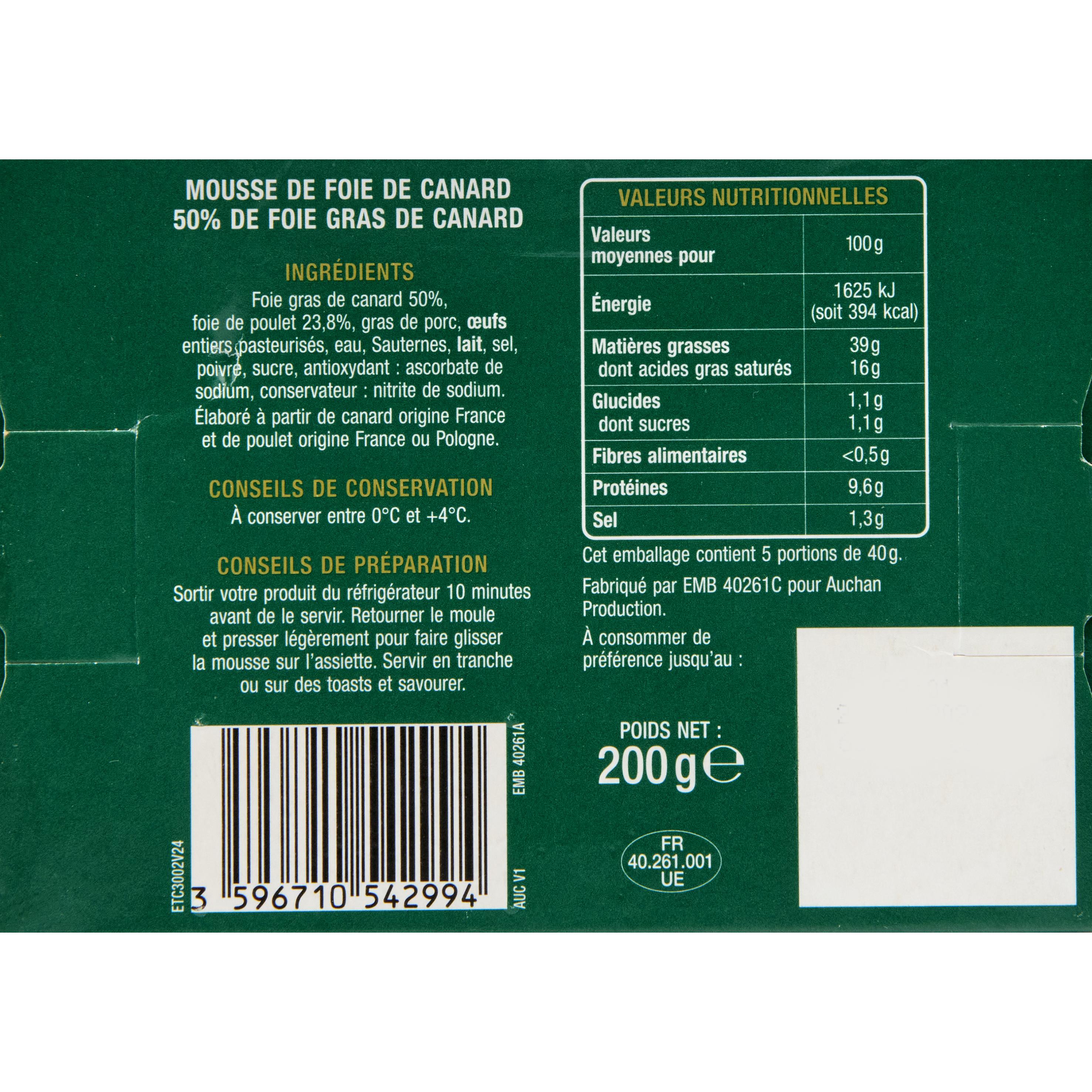 Voir la diapositive 3 : AUCHAN Mousse de foie de canard 200g