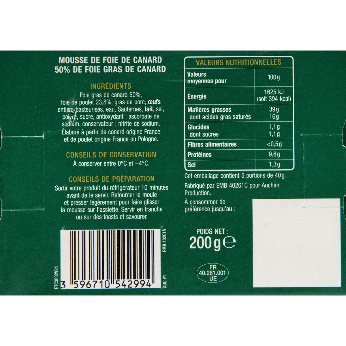 AUCHAN Mousse de foie de canard 200g