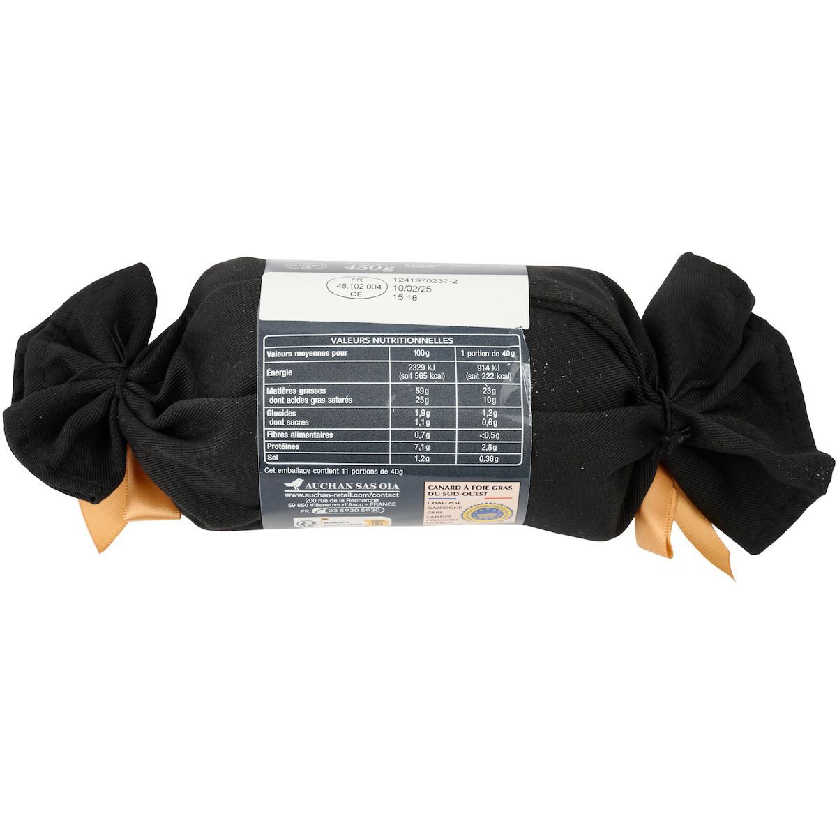 AUCHAN Foie gras de canard entier du Sud-Ouest 10/12 parts 450g