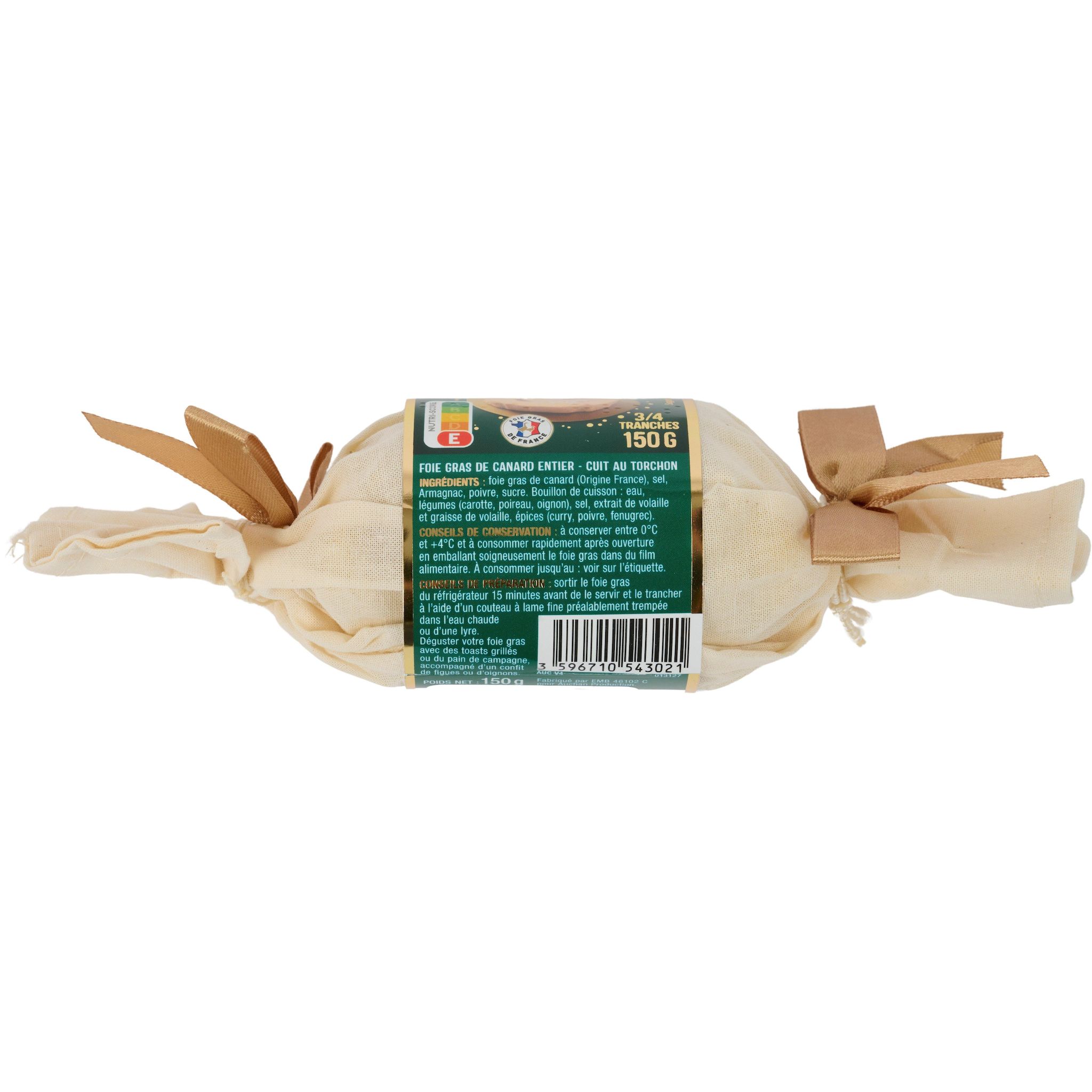 Voir la diapositive 2 : AUCHAN Foie gras de canard entier cuit au torchon 3/4 parts 150g