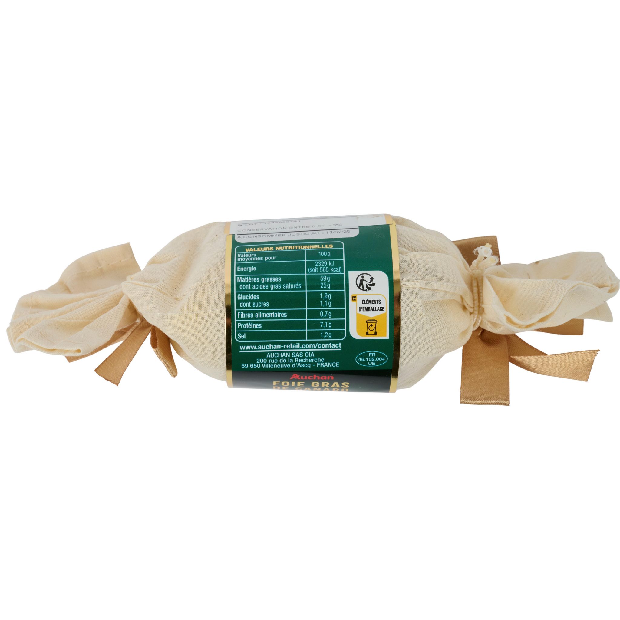 Voir la diapositive 4 : AUCHAN Foie gras de canard entier cuit au torchon 3/4 parts 150g
