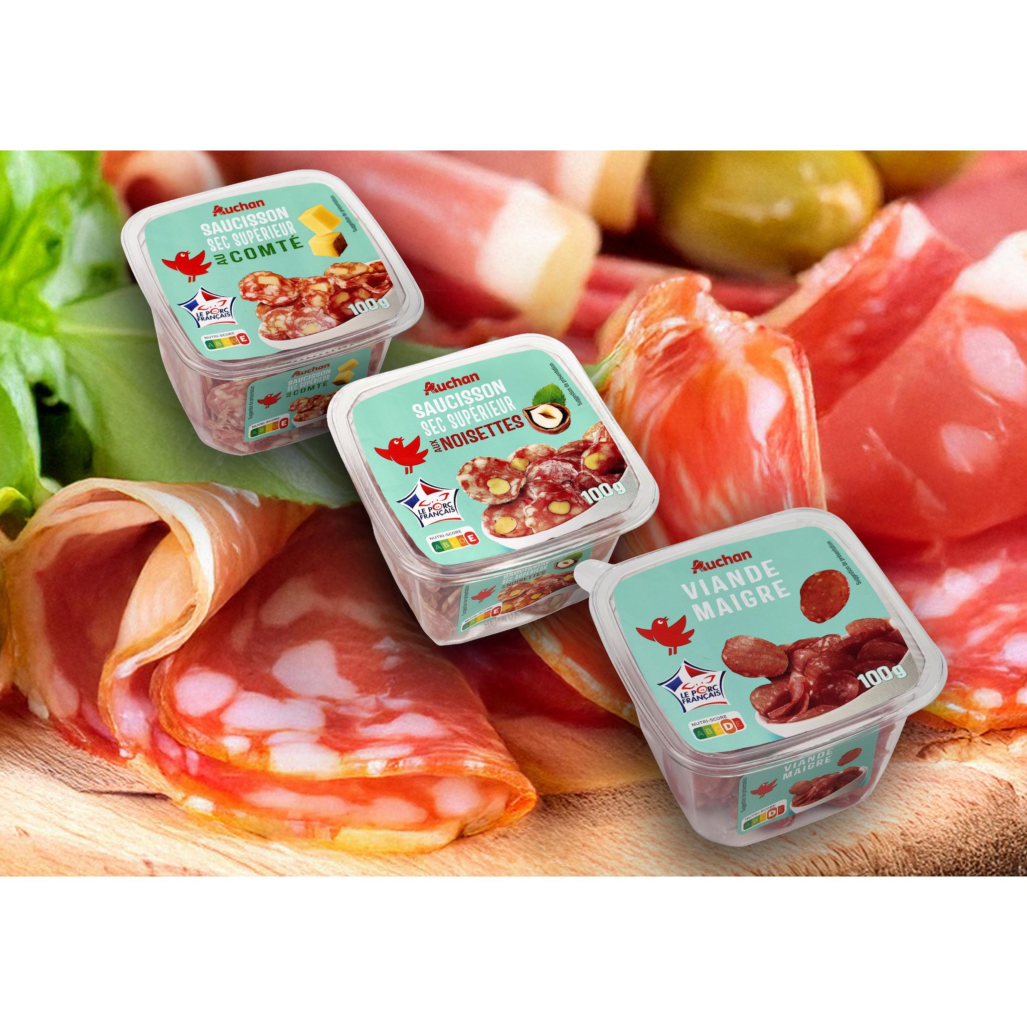 Voir la diapositive 2 : AUCHAN Saucisson sec supérieur aux noisettes bol 100g