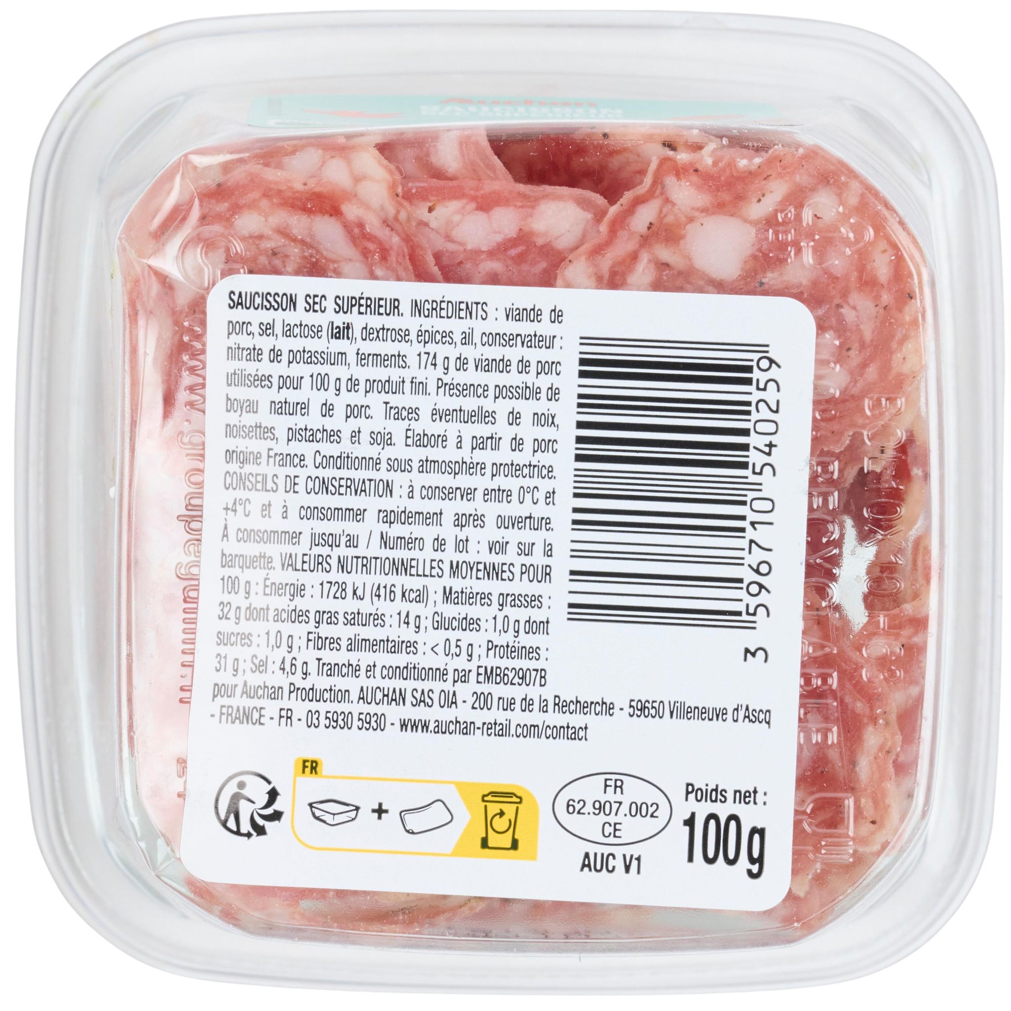 Voir la diapositive 2 : AUCHAN Saucisson sec supérieur bol 100g