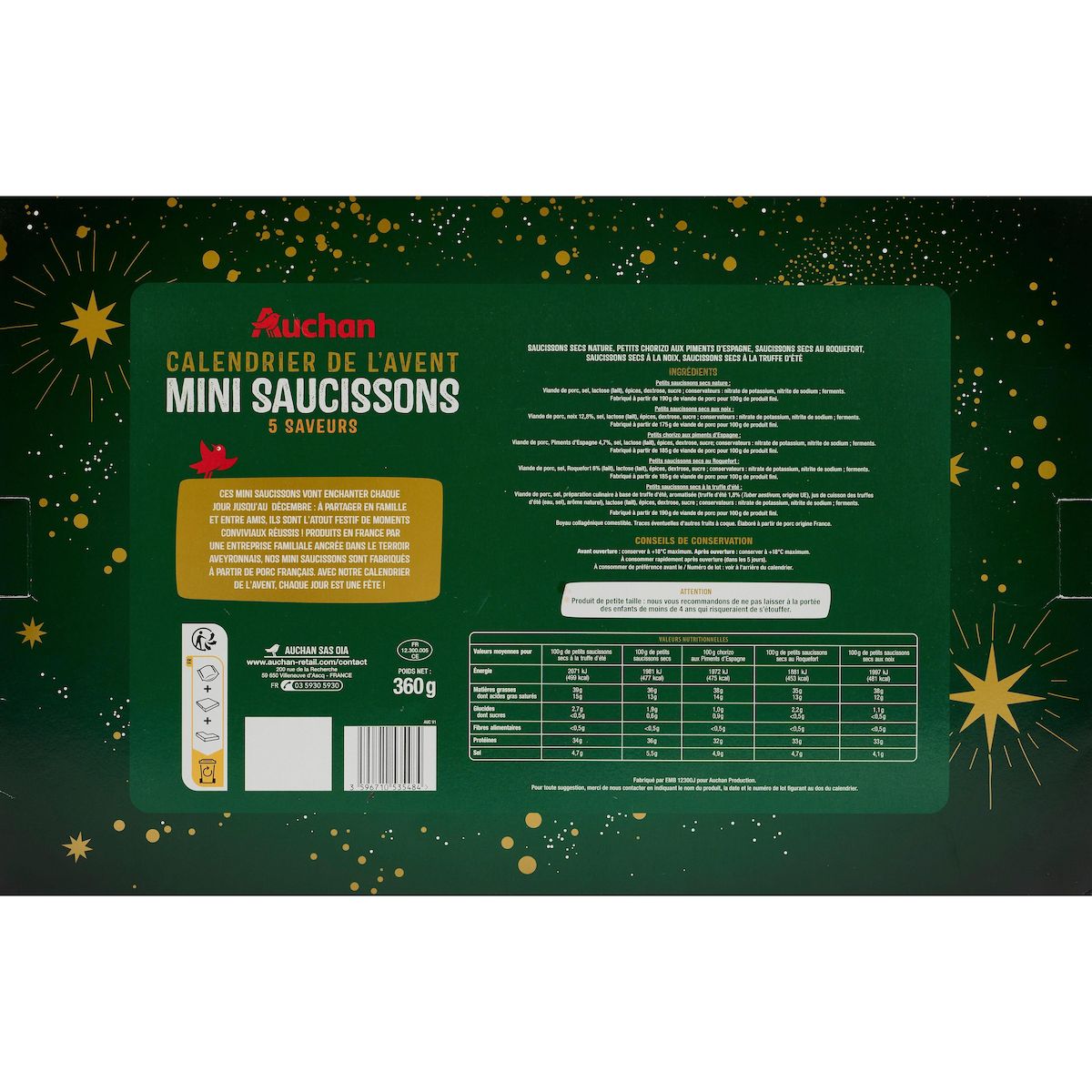 AUCHAN Calendrier de l'avent mini saucissons 5 saveurs 360g