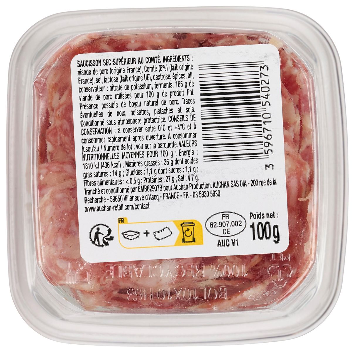 AUCHAN Saucisson sec supérieur au comté bol 100g