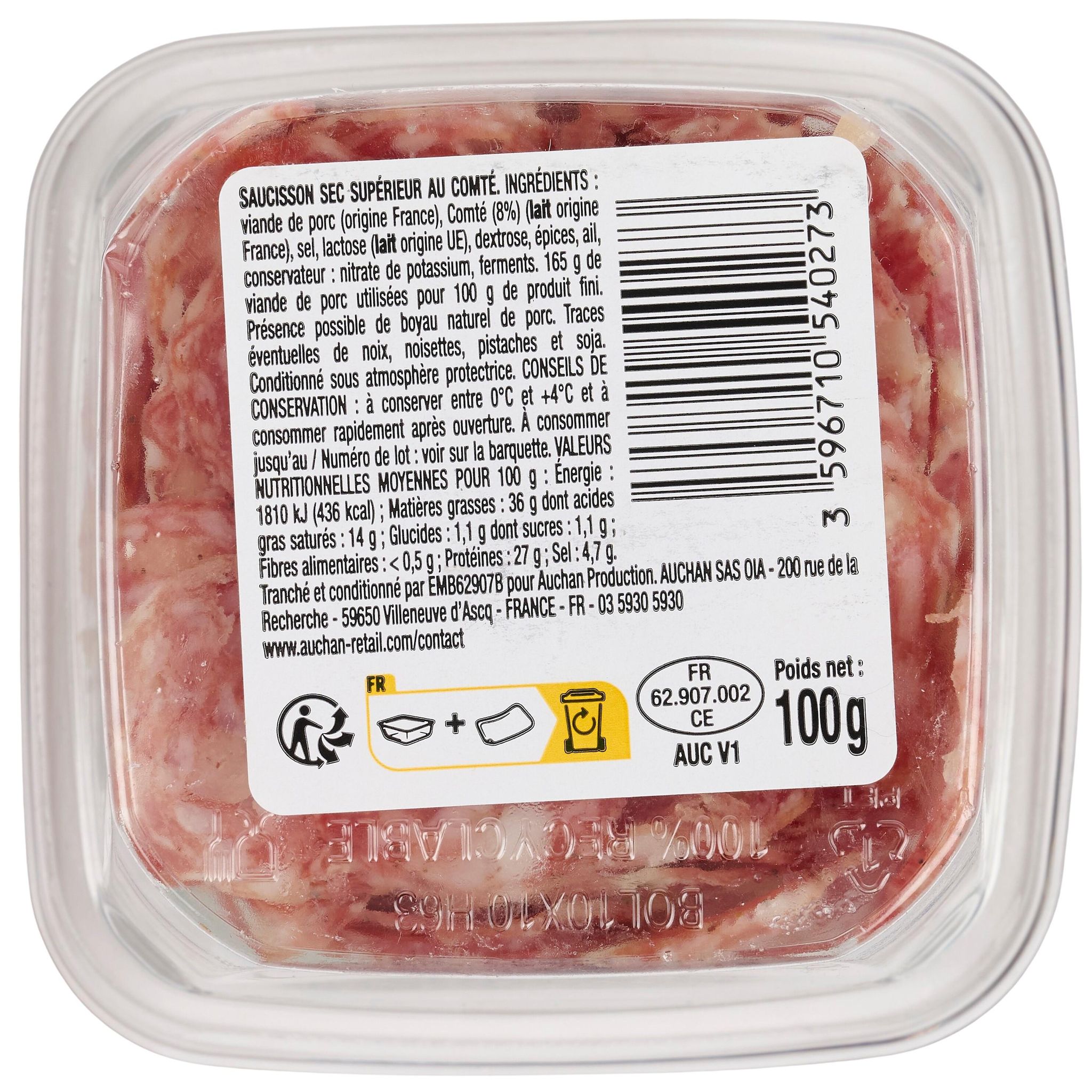 Voir la diapositive 4 : AUCHAN Saucisson sec supérieur au comté bol 100g
