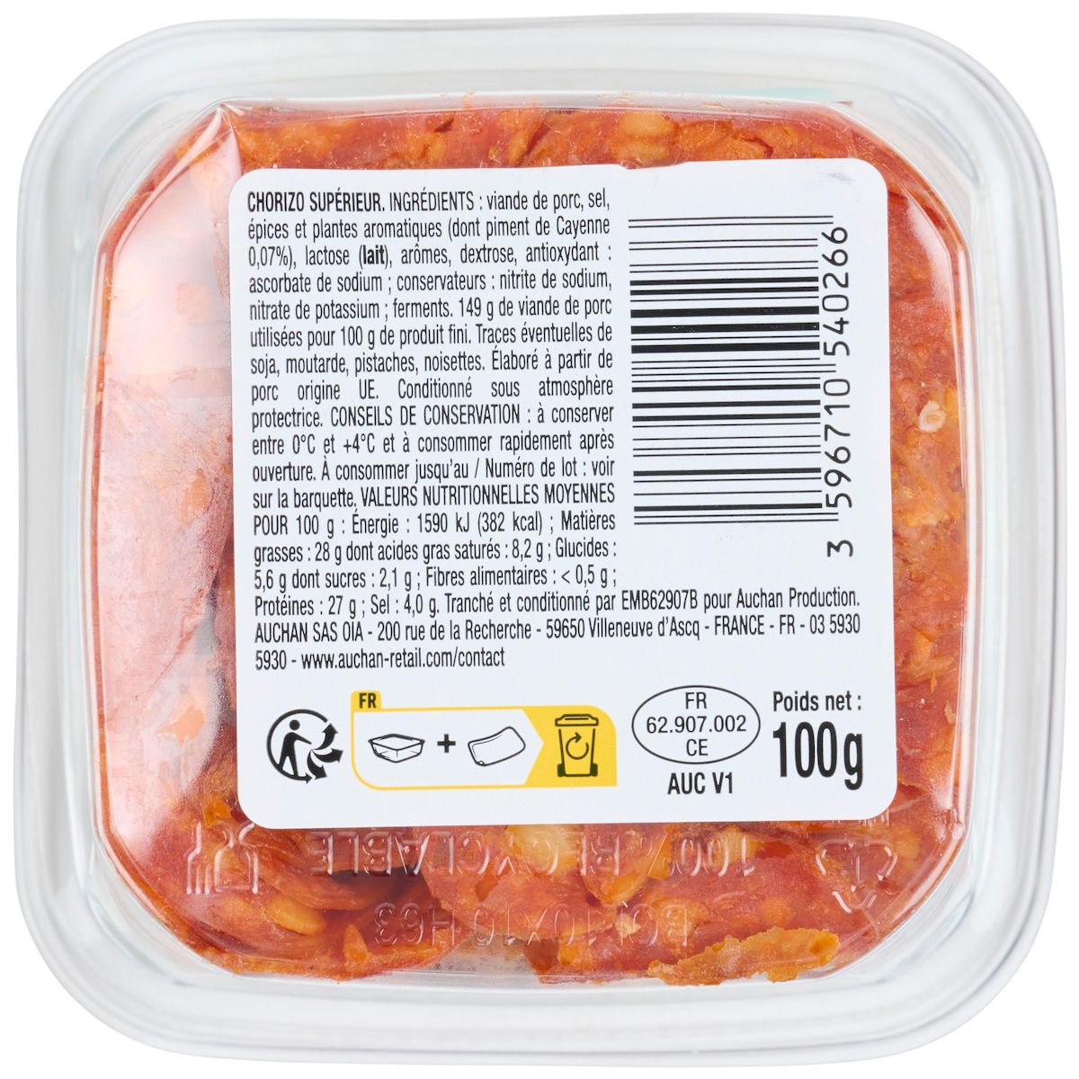 AUCHAN Chorizo supérieur bol 100g