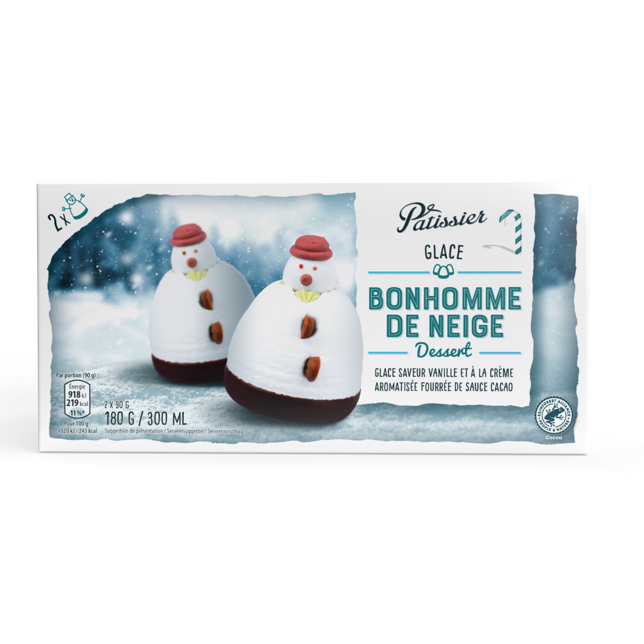 PERSYN Glace bonhomme de neige saveur vanille et crème aromatisée fourrée sauce cacao 2 pièces 180g