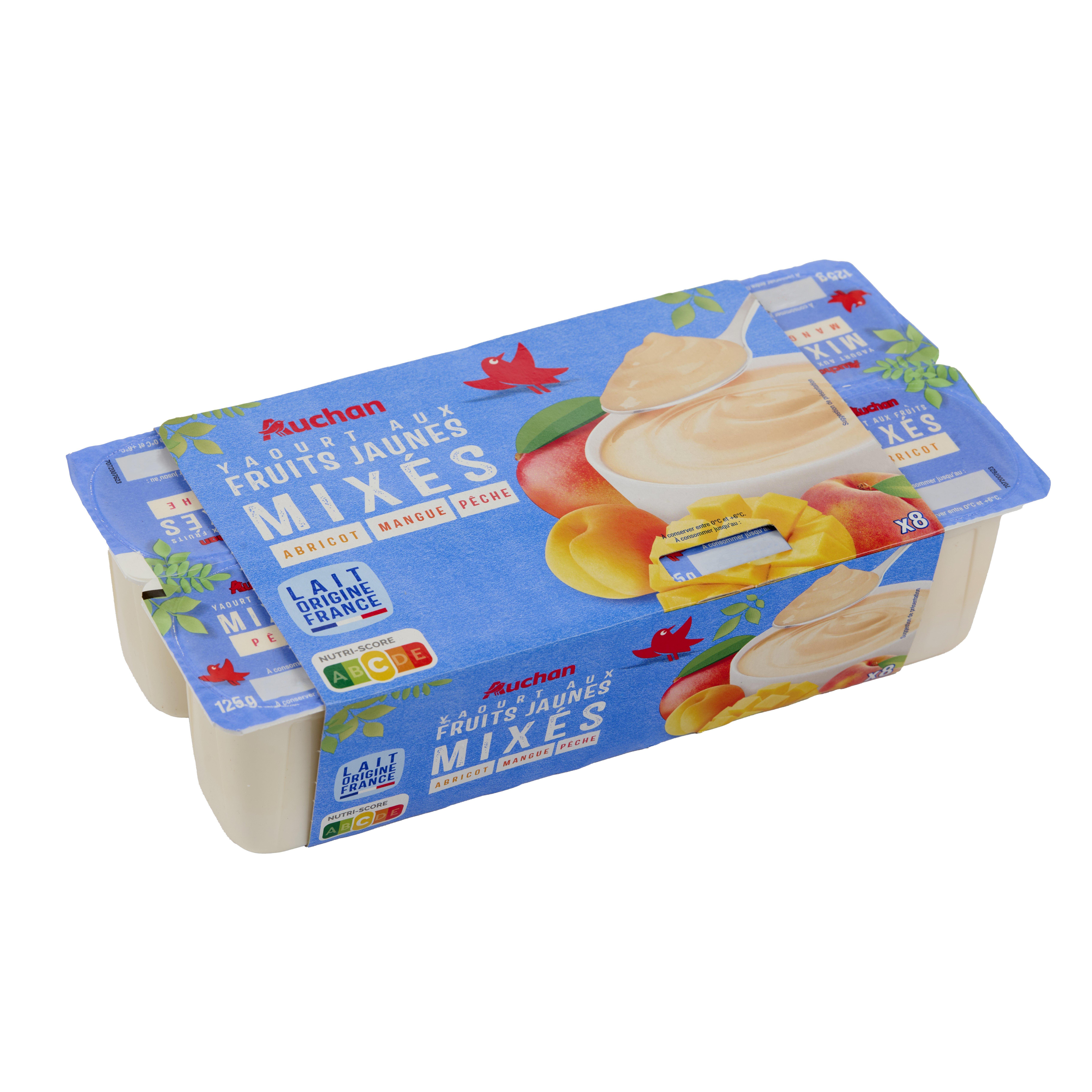 Voir la diapositive 2 : AUCHAN Yaourt aux fruits jaunes mixés abricot/nectarine mangue pêche 8x125g