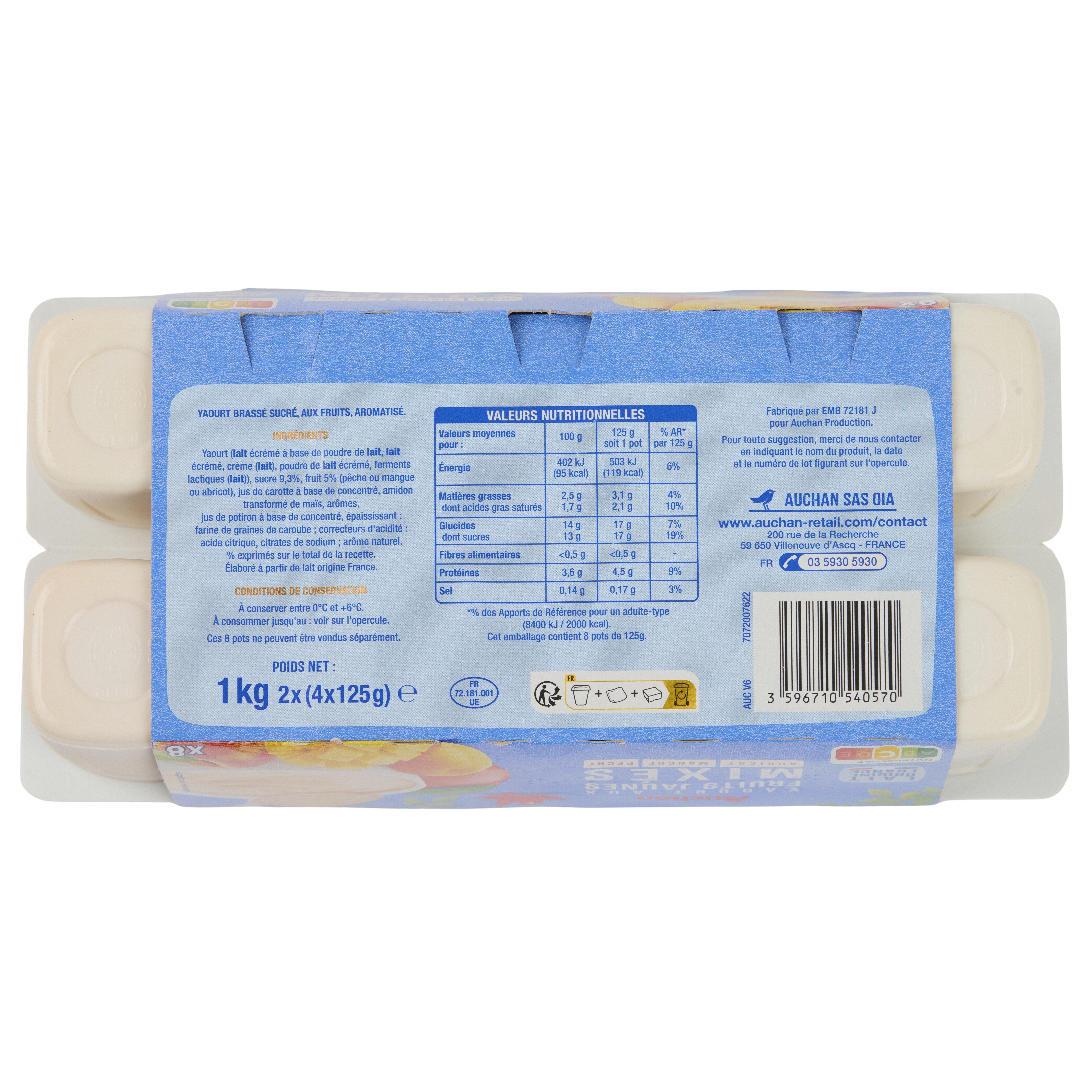 Voir la diapositive 3 : AUCHAN Yaourt aux fruits jaunes mixés abricot/nectarine mangue pêche 8x125g
