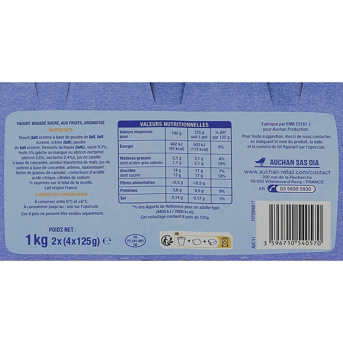 AUCHAN Yaourt aux fruits jaunes mixés abricot/nectarine mangue pêche 8x125g