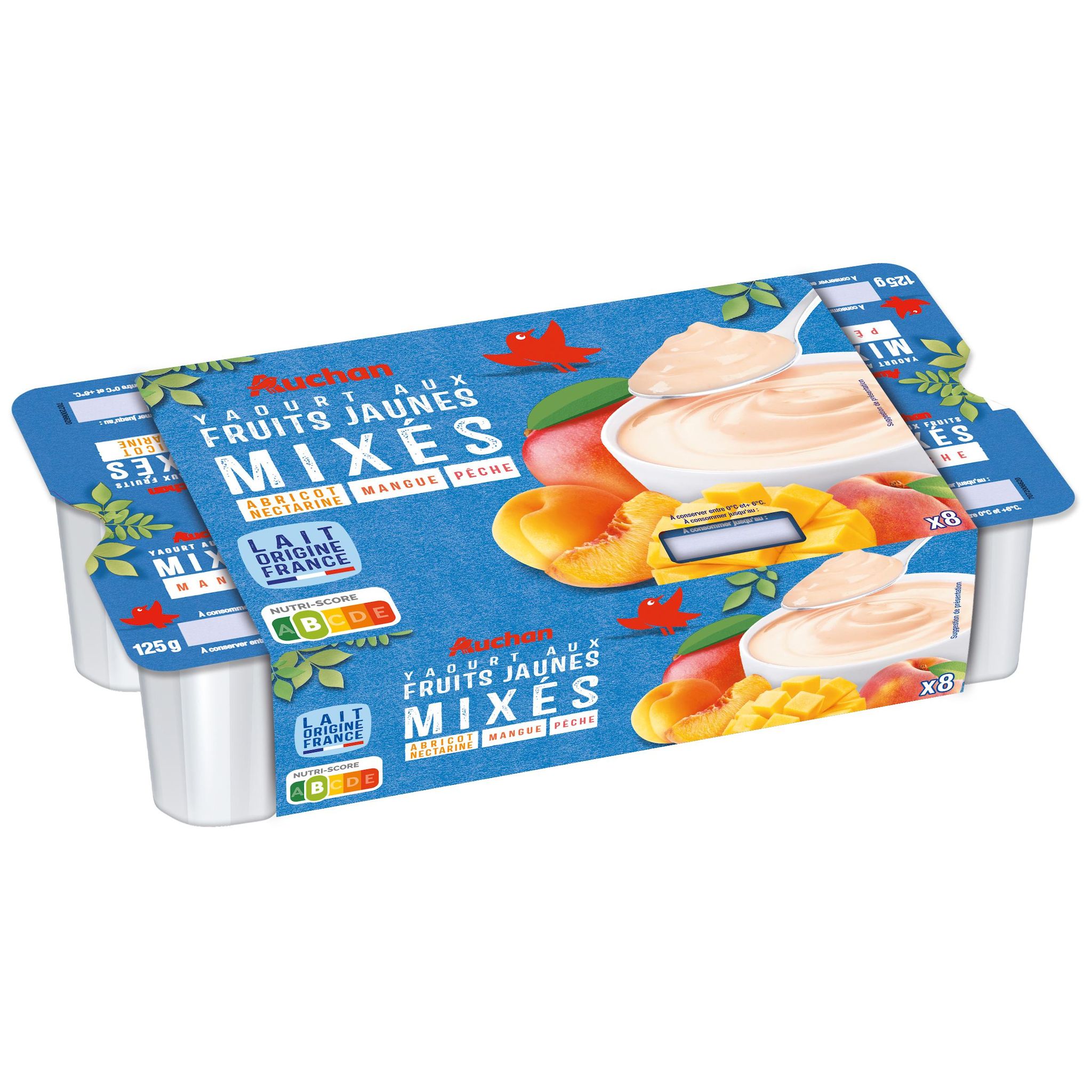Voir la diapositive 3 : AUCHAN Yaourt aux fruits jaunes mixés abricot/nectarine mangue pêche 8x125g