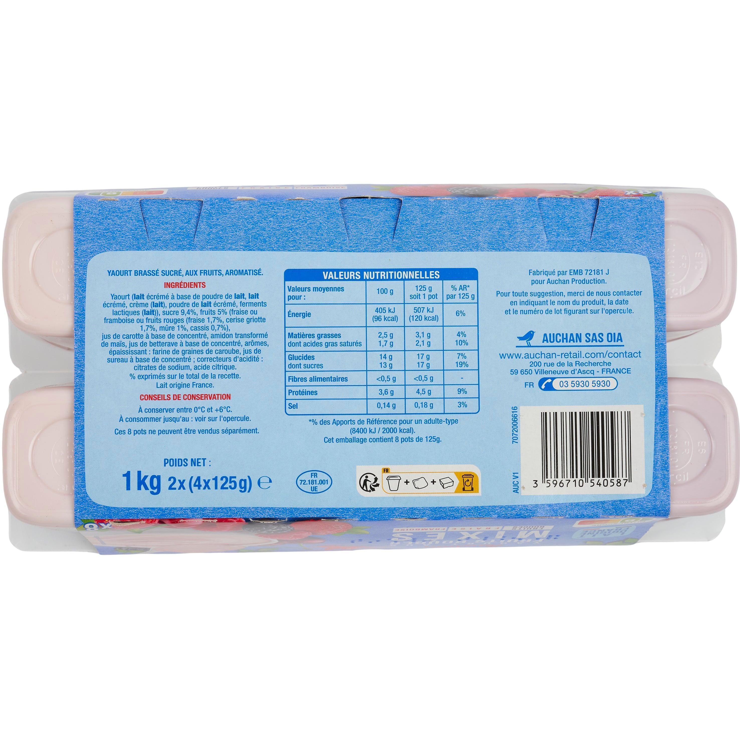 Voir la diapositive 3 : AUCHAN Yaourt aux fruits mixés fruits rouges fraise framboise 8x125g