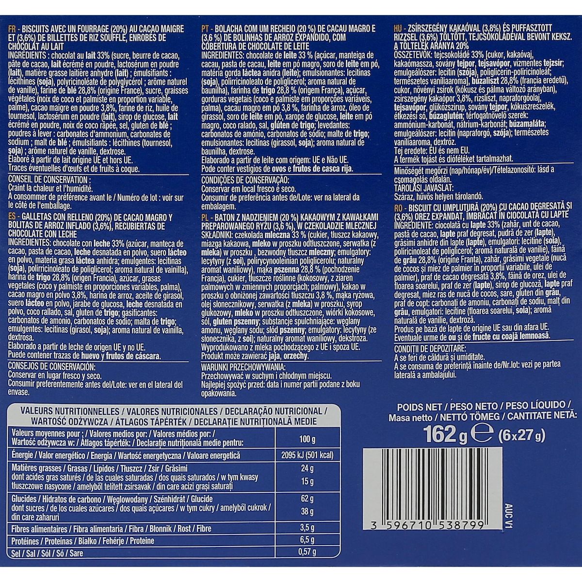 AUCHAN Barre choco crunchy 6 barres 162g