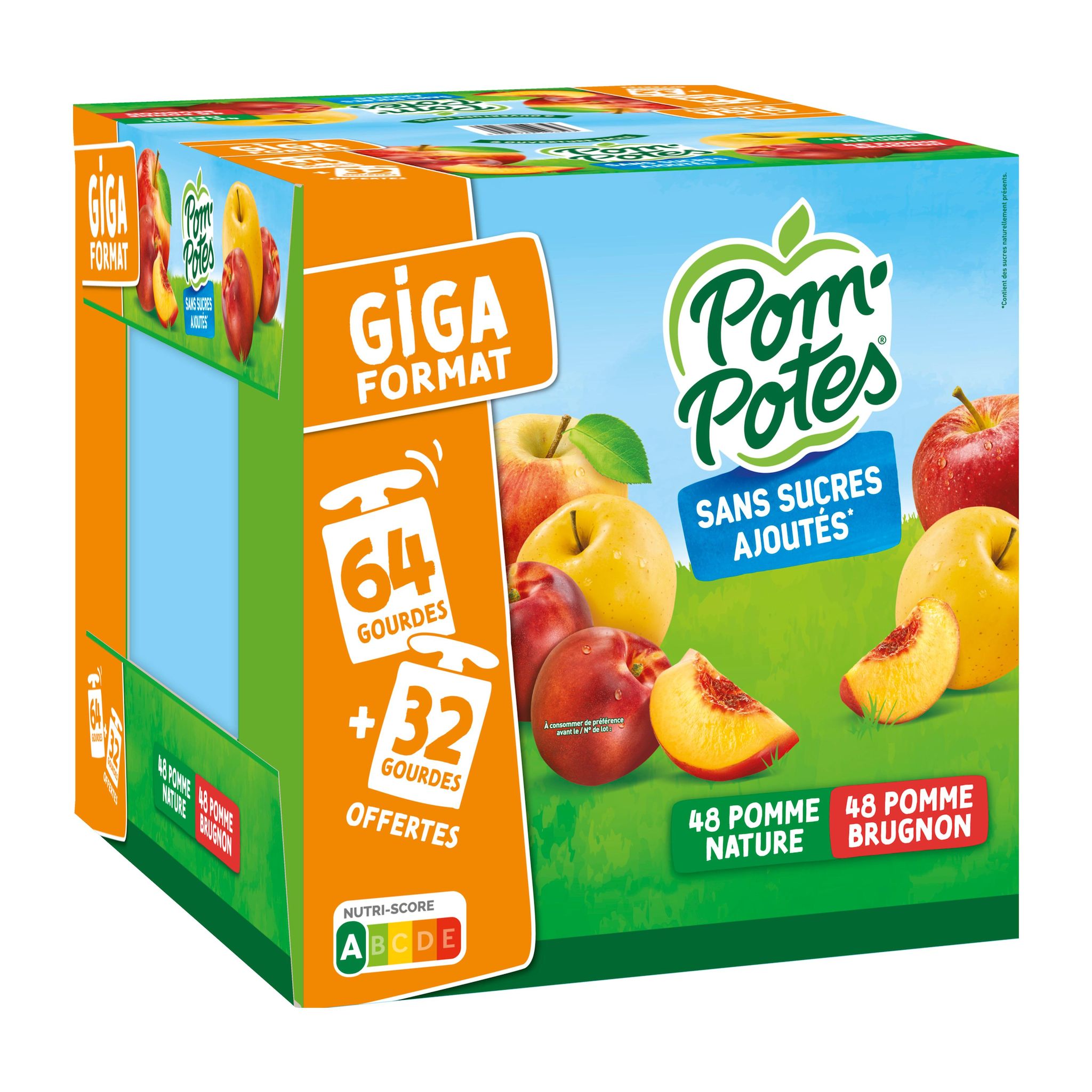 POM'POTES Gourde compotes de pomme et pomme brugnon sans sucres ajoutés 64+32 offertes 96x90g