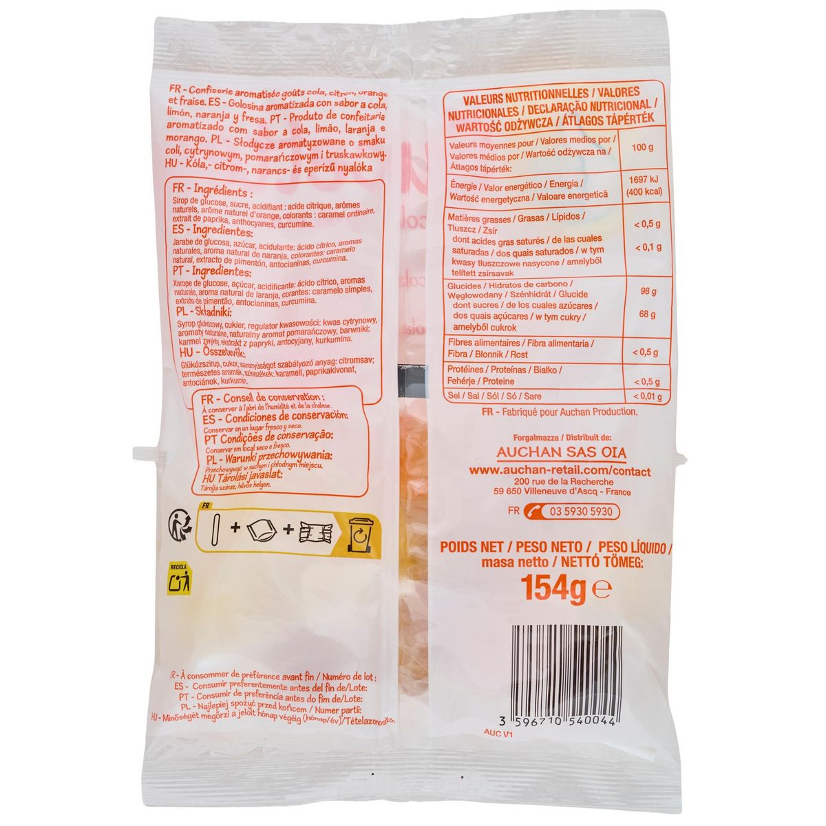 POUCE Sucettes goûts cola citron orange et fraise 154g