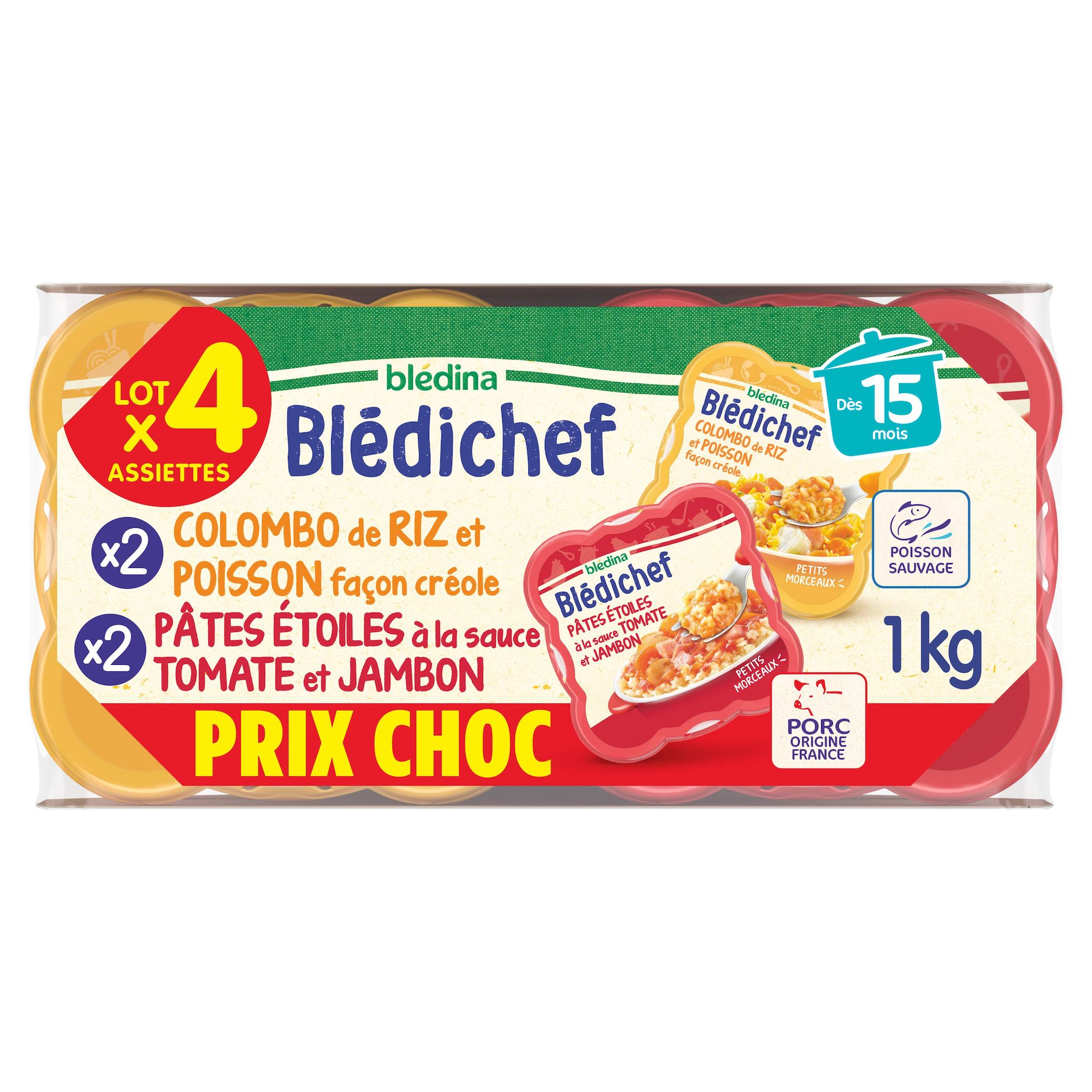 BLEDICHEF Assiettes colombo de riz et poisson, pâtes étoiles à la sauce tomate et jambon dès 15 mois 4x250g