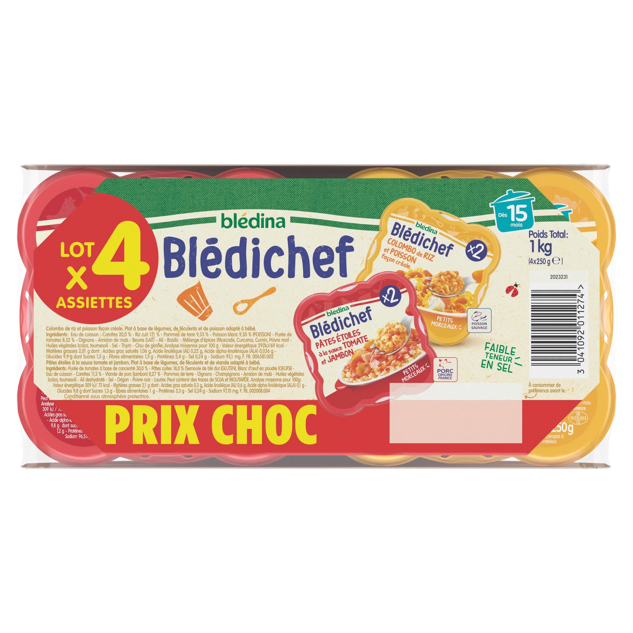 Voir la diapositive 2 : BLEDICHEF Assiettes colombo de riz et poisson, pâtes étoiles à la sauce tomate et jambon dès 15 mois 4x250g
