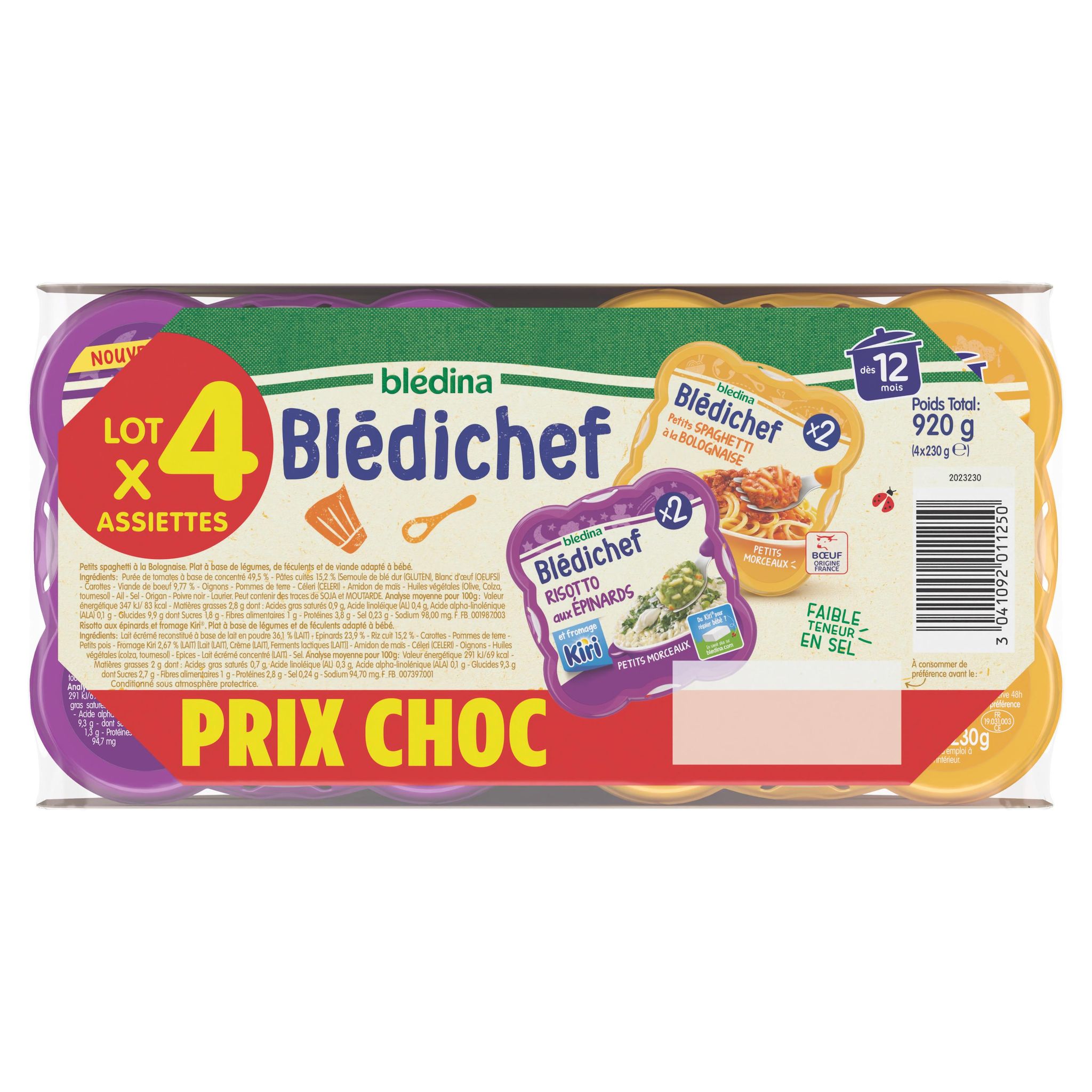 Voir la diapositive 2 : BLEDICHEF Assiette spaghetti à la bolognaise et risotto aux épinards dès 12 mois 4x230g