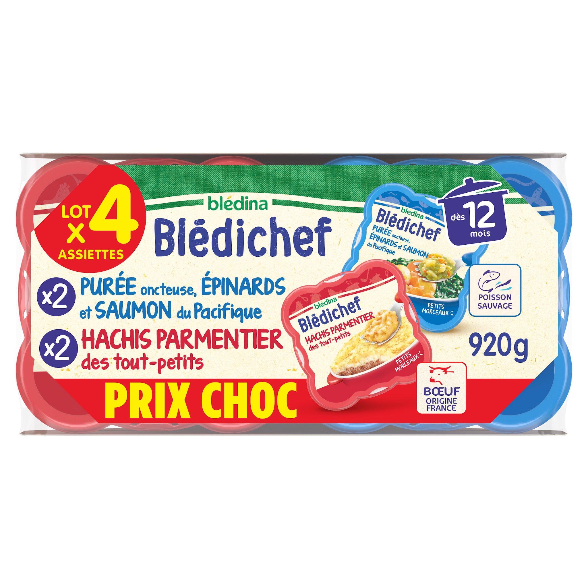 Voir la diapositive 2 : BLEDICHEF Assiettes hachis parmentier & purée aux épinards et saumon dès 12 mois 4x230g