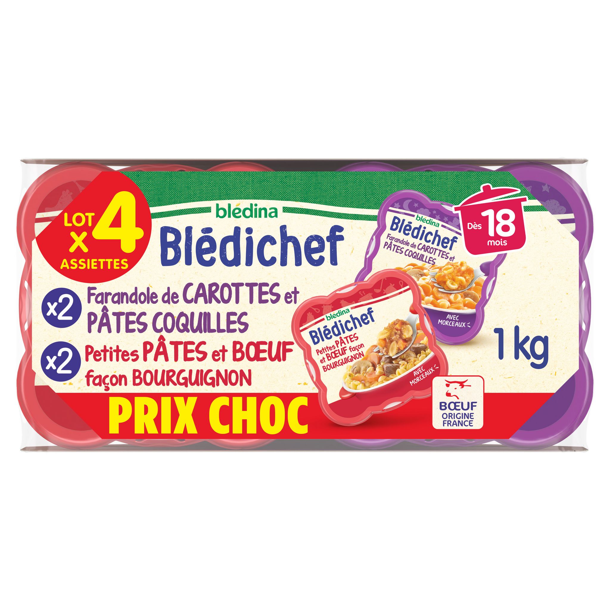 BLEDINA Blédichef assiettes carottes pâtes coquilles et pâtes bœuf façon bourguignon dès 18 mois 4x250g