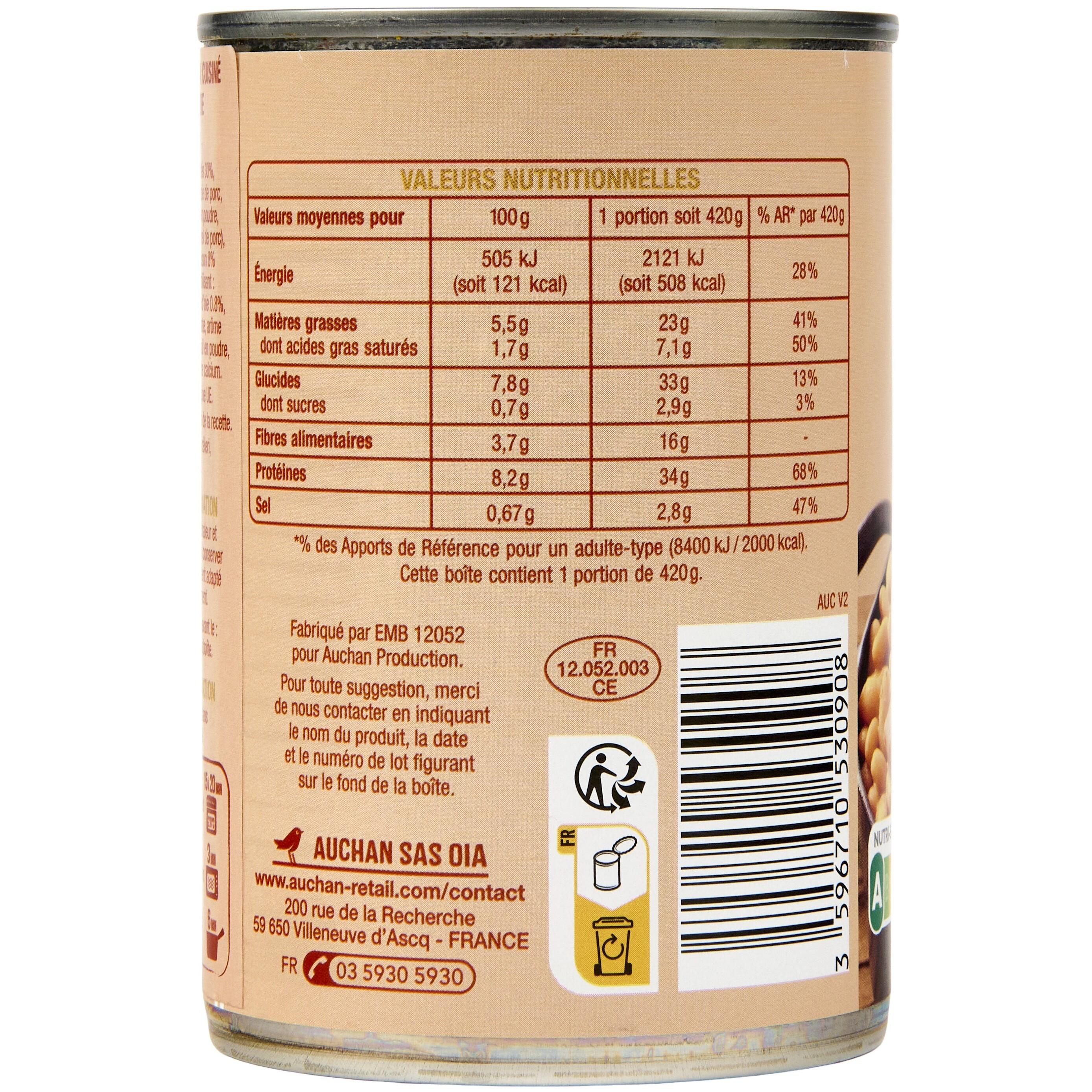 Voir la diapositive 2 : AUCHAN Cassoulet Toulousain cuisiné à la graisse d'oie 1 portion 420g