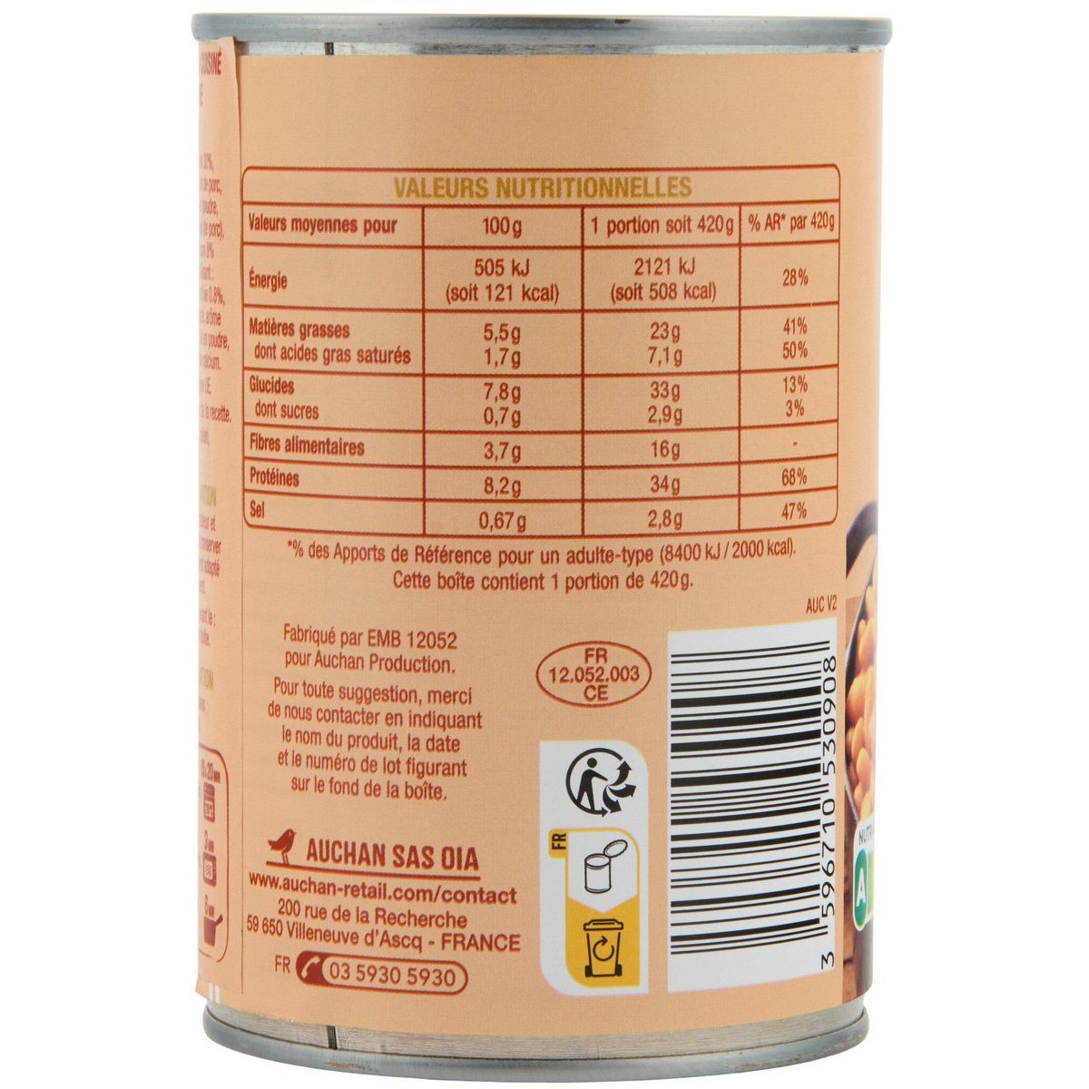 AUCHAN Cassoulet Toulousain cuisiné à la graisse d'oie 420g