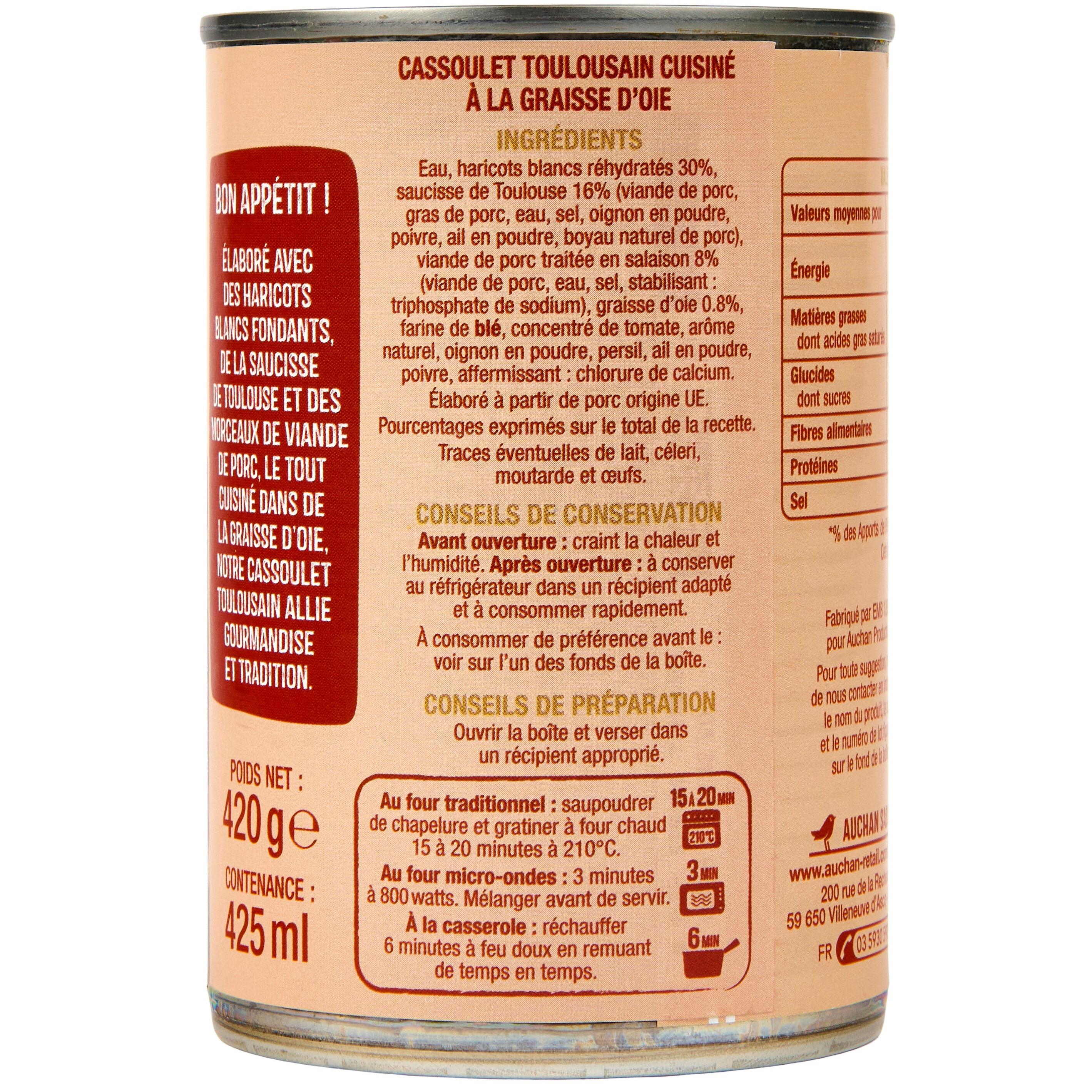 Voir la diapositive 4 : AUCHAN Cassoulet Toulousain cuisiné à la graisse d'oie 1 portion 420g