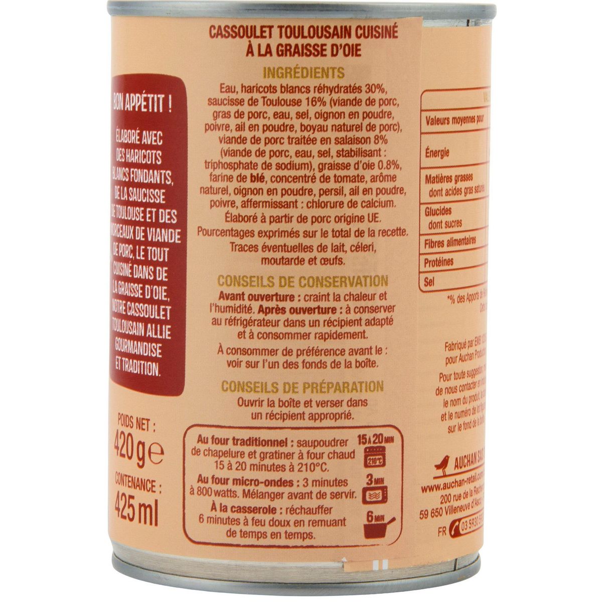 AUCHAN Cassoulet Toulousain cuisiné à la graisse d'oie 420g