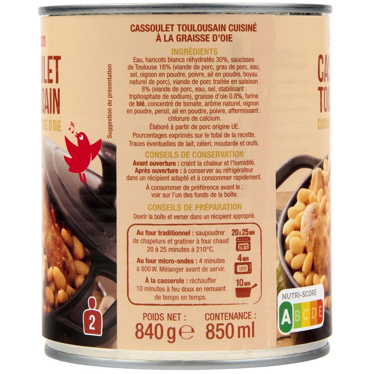 AUCHAN Cassoulet toulousain cuisiné à la graisse d'oie 2 portions 840g