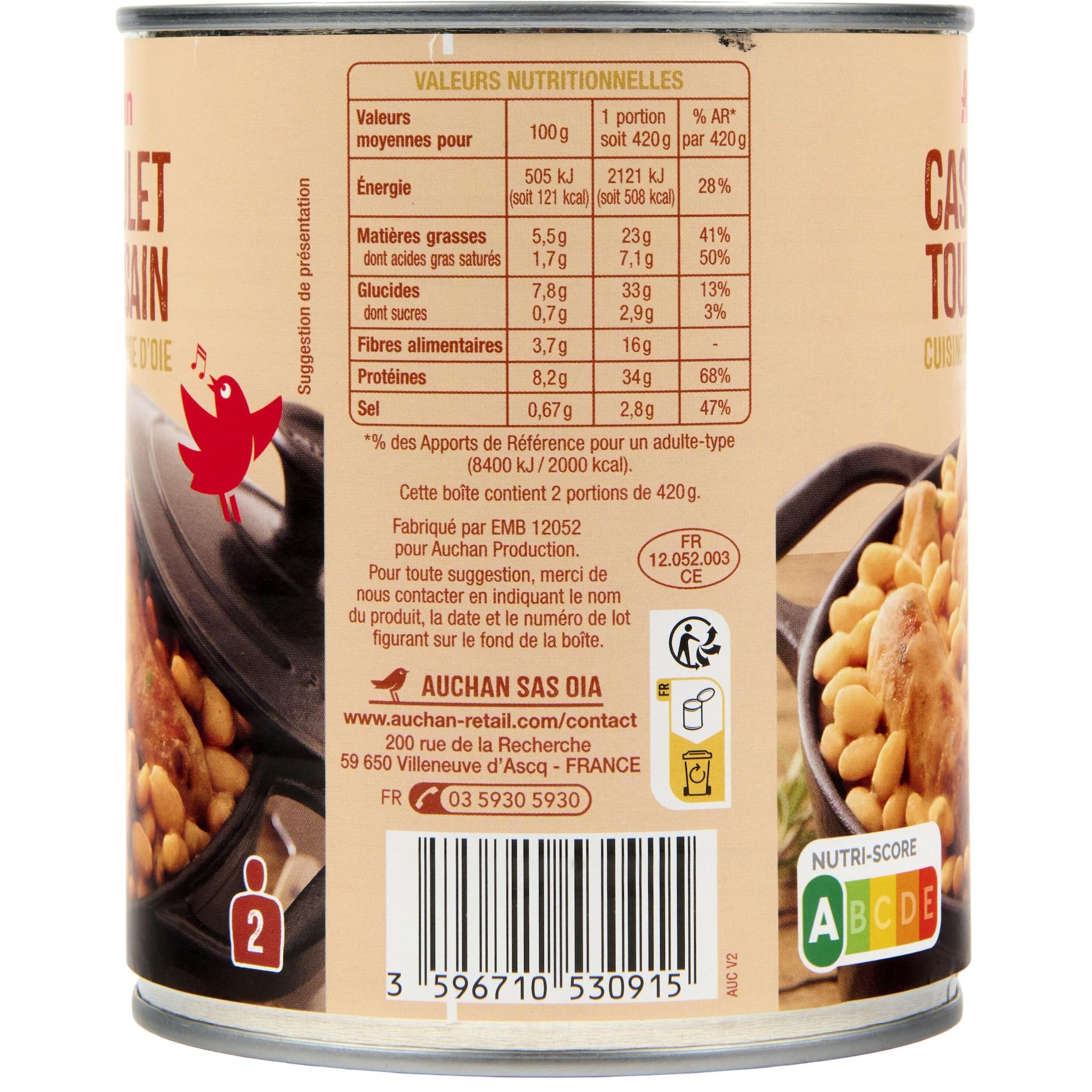 Voir la diapositive 3 : AUCHAN Cassoulet toulousain cuisiné à la graisse d'oie 2 portions 840g
