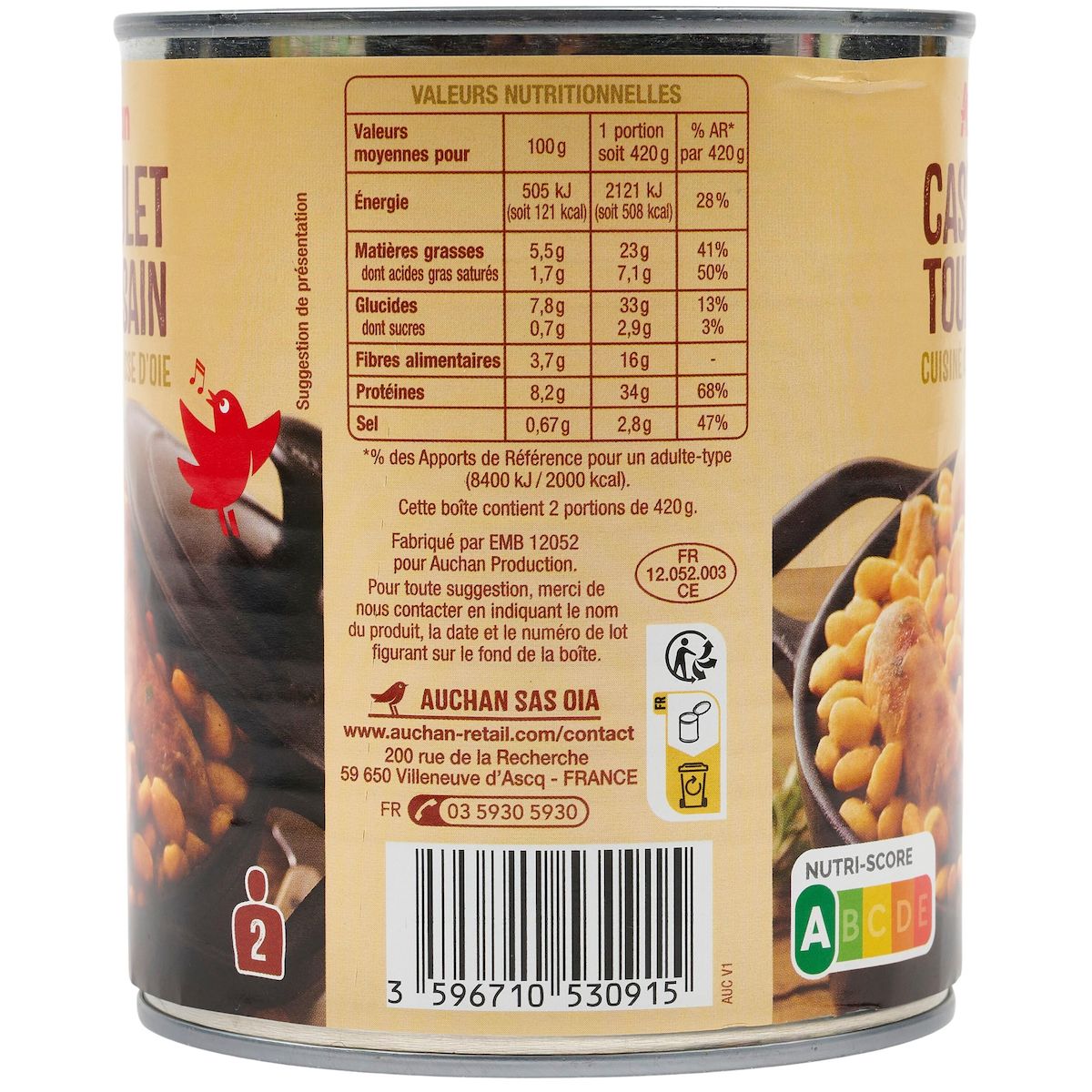 AUCHAN Cassoulet toulousain cuisiné à la graisse d'oie 2 portions 840g