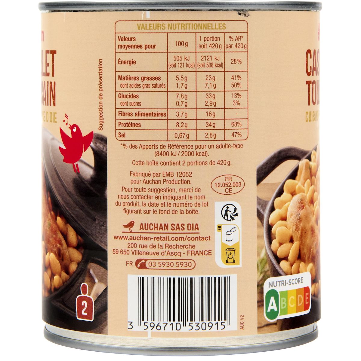 AUCHAN Cassoulet toulousain cuisiné à la graisse d'oie 2 portions 840g