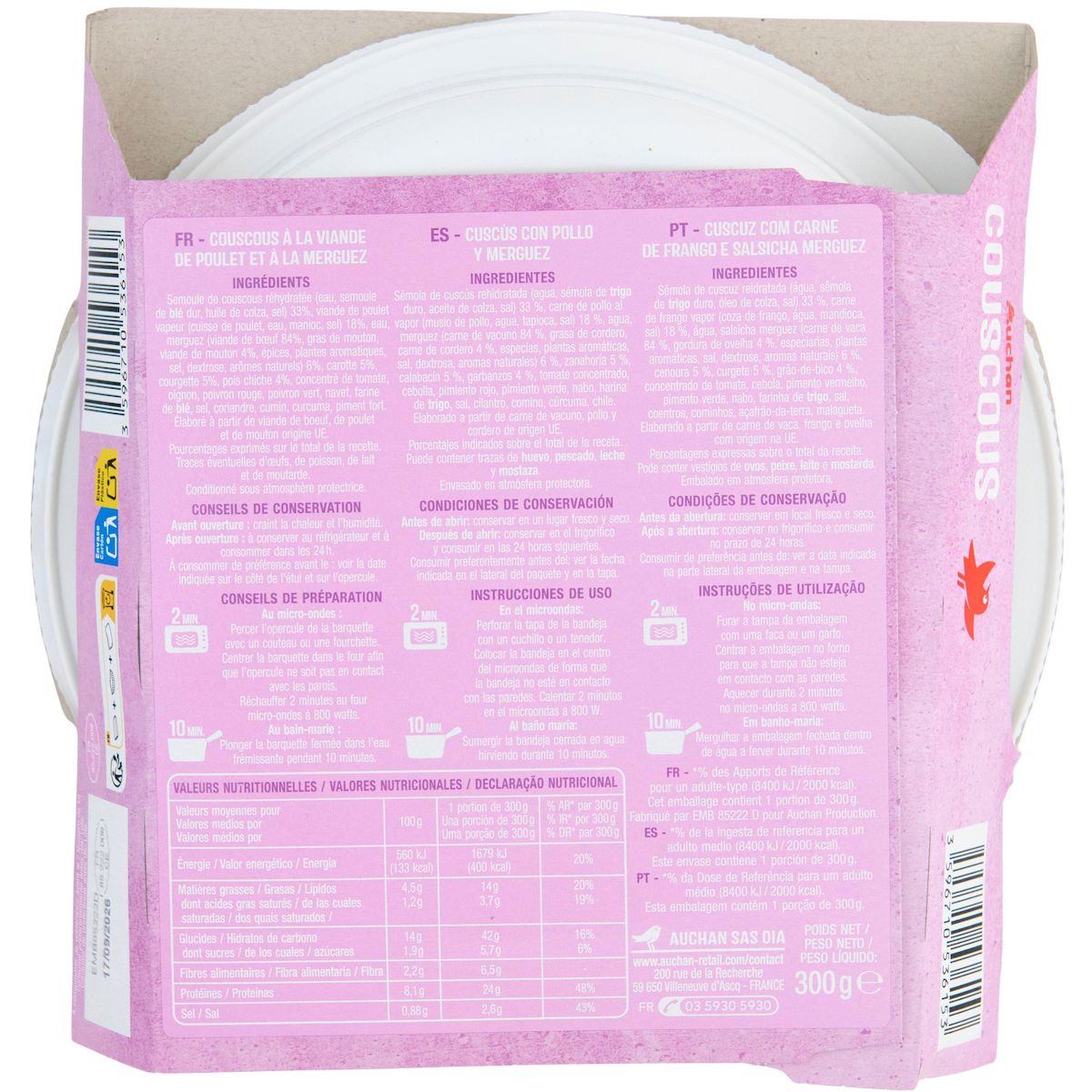 AUCHAN Couscous en barquette cuisson rapide 1 personne 300g