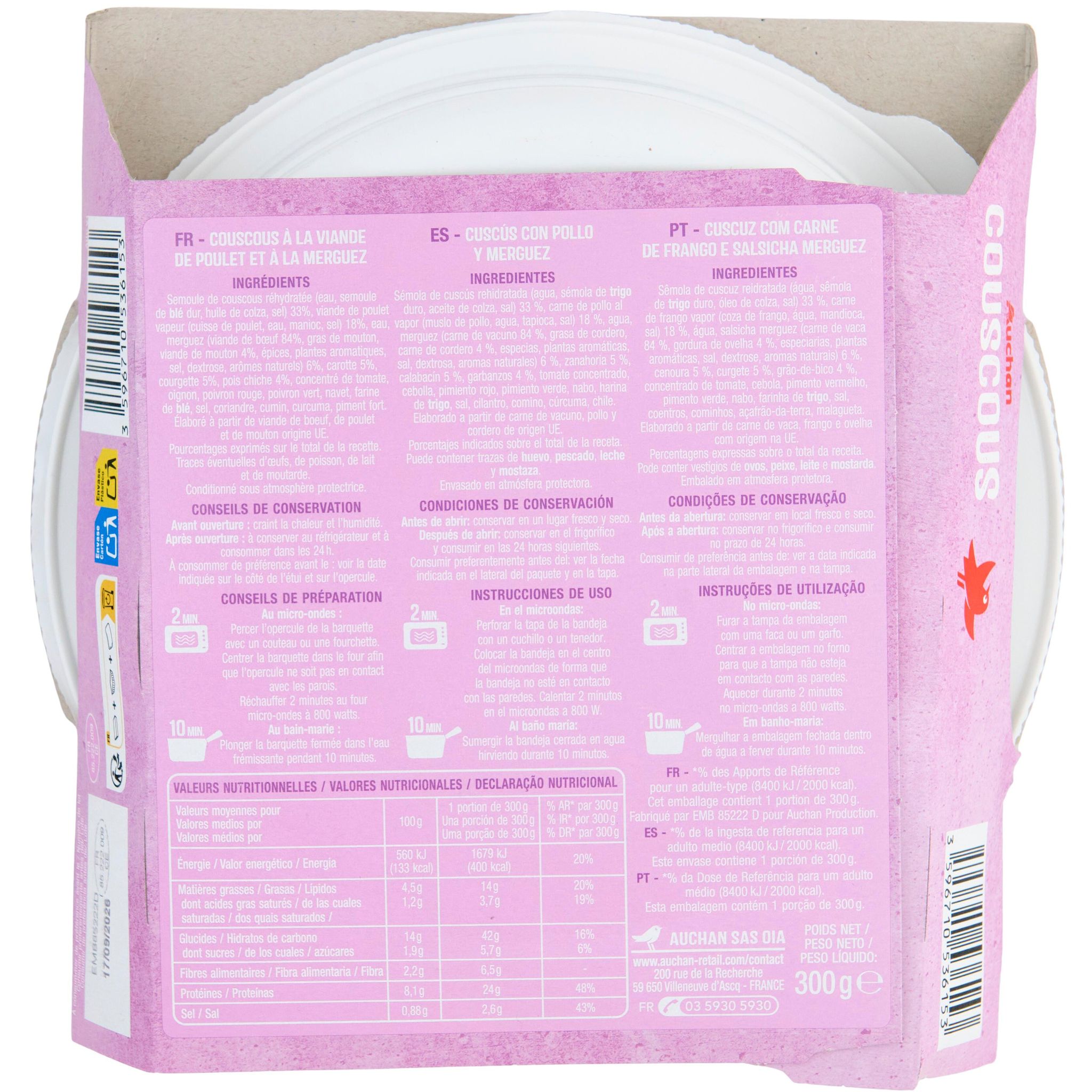 Voir la diapositive 2 : AUCHAN Couscous en barquette cuisson rapide 1 personne 300g