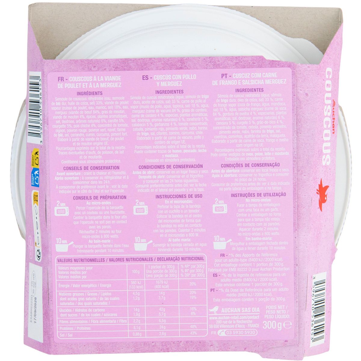 AUCHAN Couscous en barquette cuisson rapide 1 personne 300g