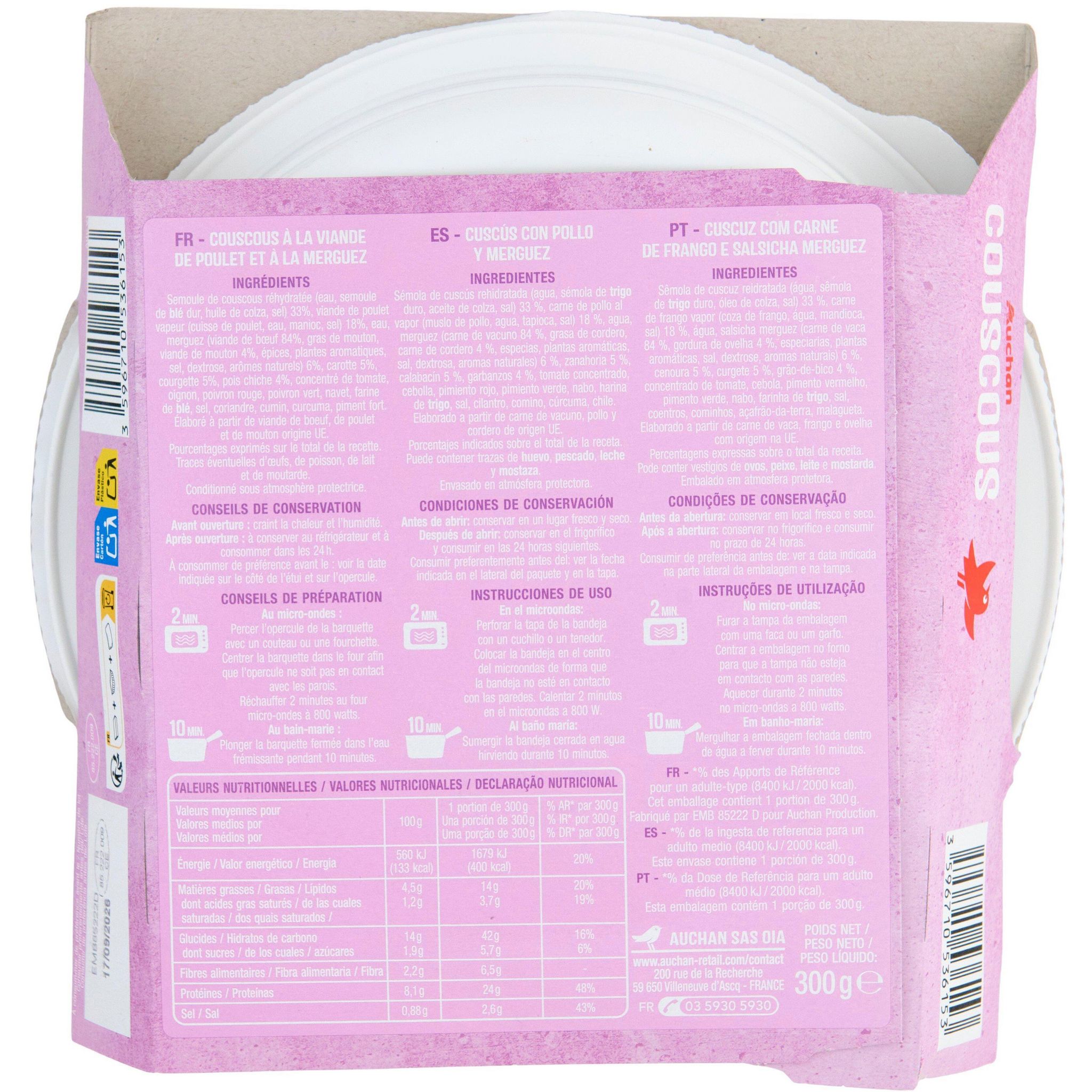 Voir la diapositive 3 : AUCHAN Couscous en barquette cuisson rapide 1 personne 300g